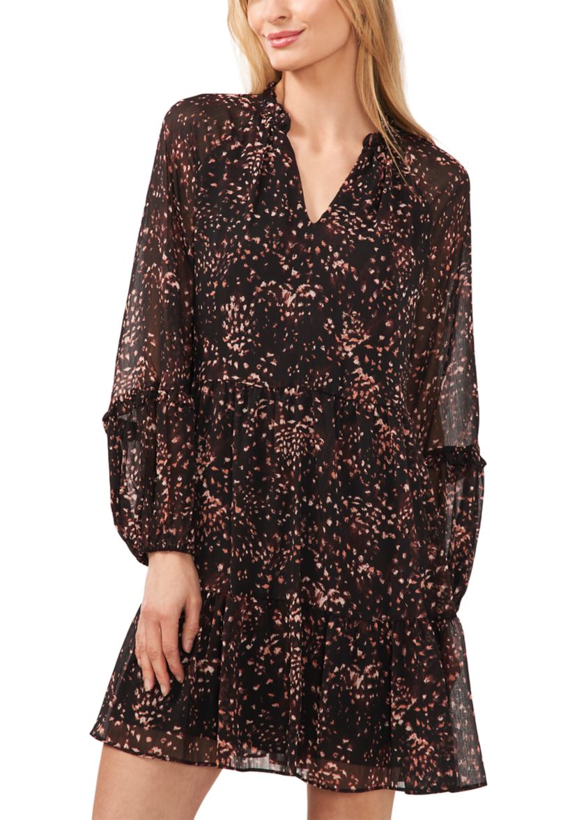 Womens Long Sleeve Abstract Animal Print Tiered Babydoll Dress