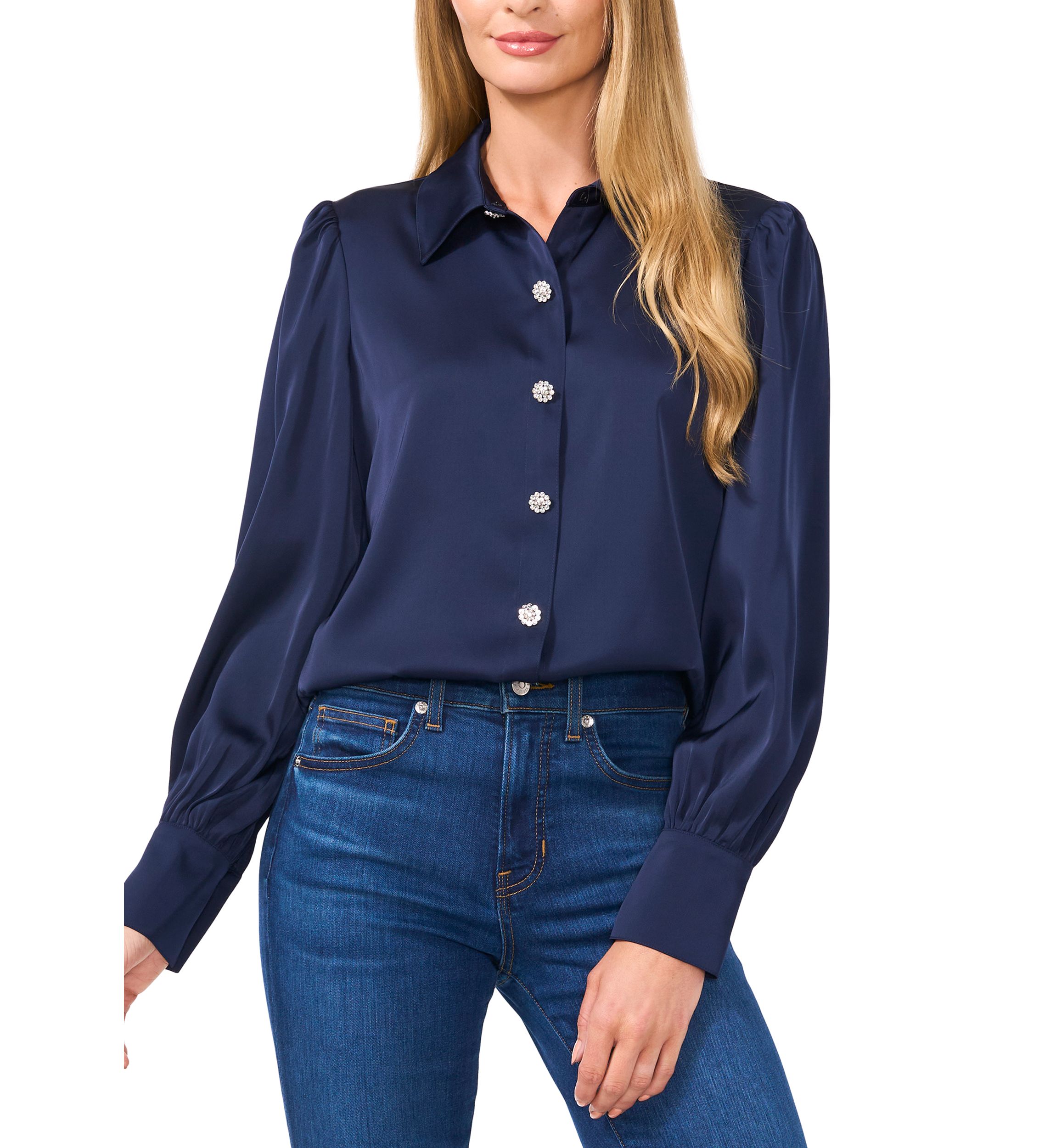 Womens Long Sleeve Bling Button Blouse 