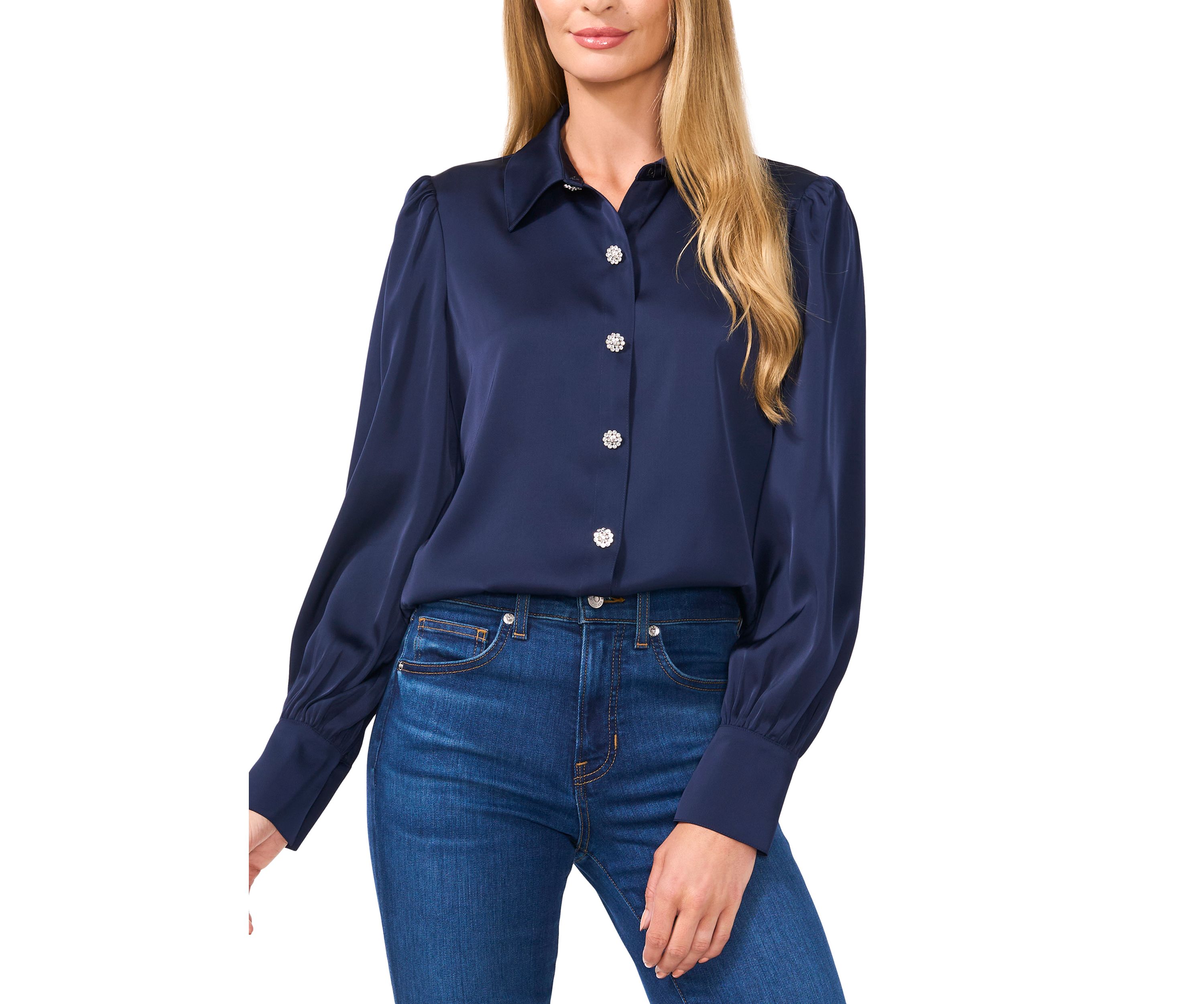 Womens Long Sleeve Bling Button Blouse 