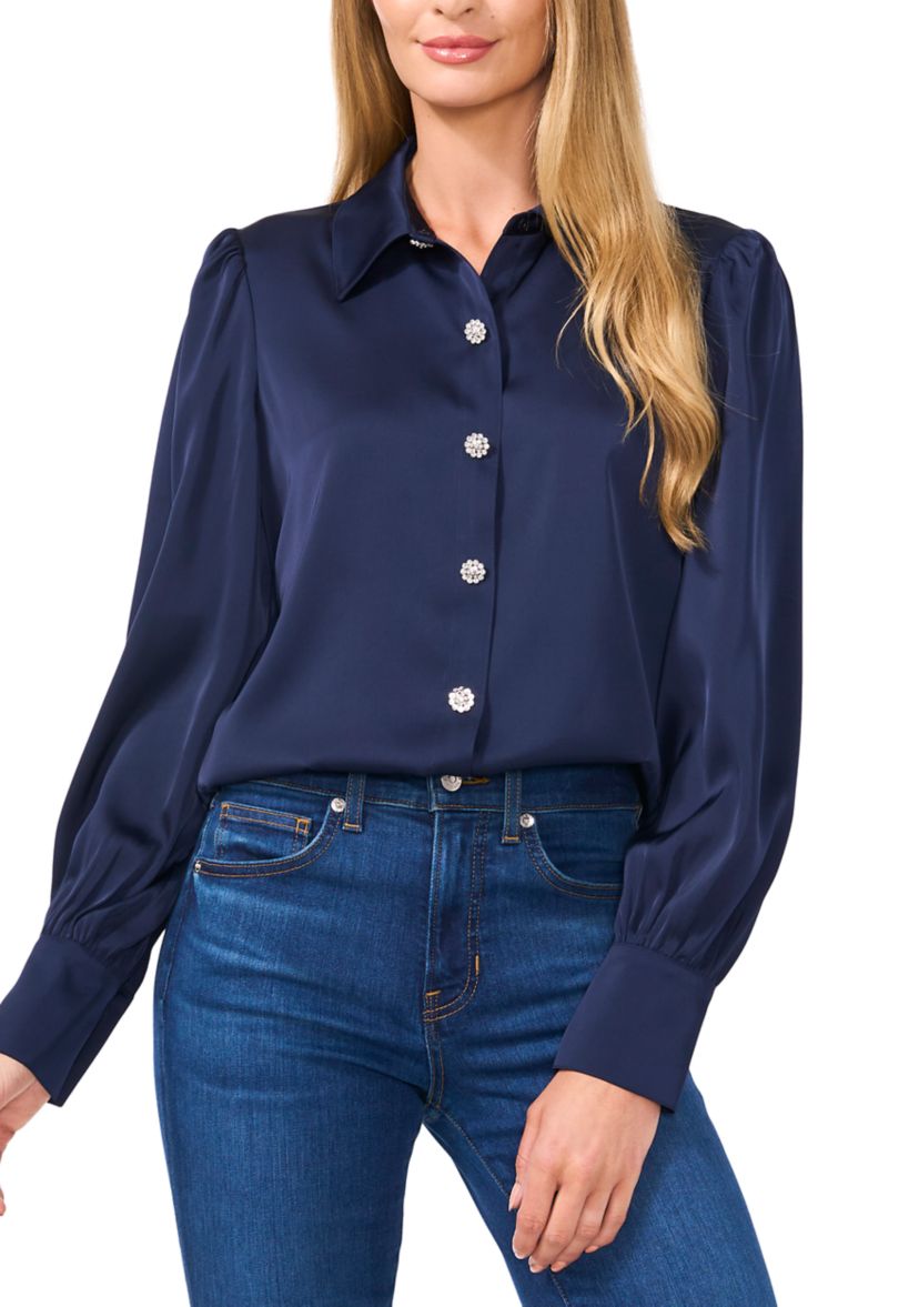 Womens Long Sleeve Bling Button Blouse 