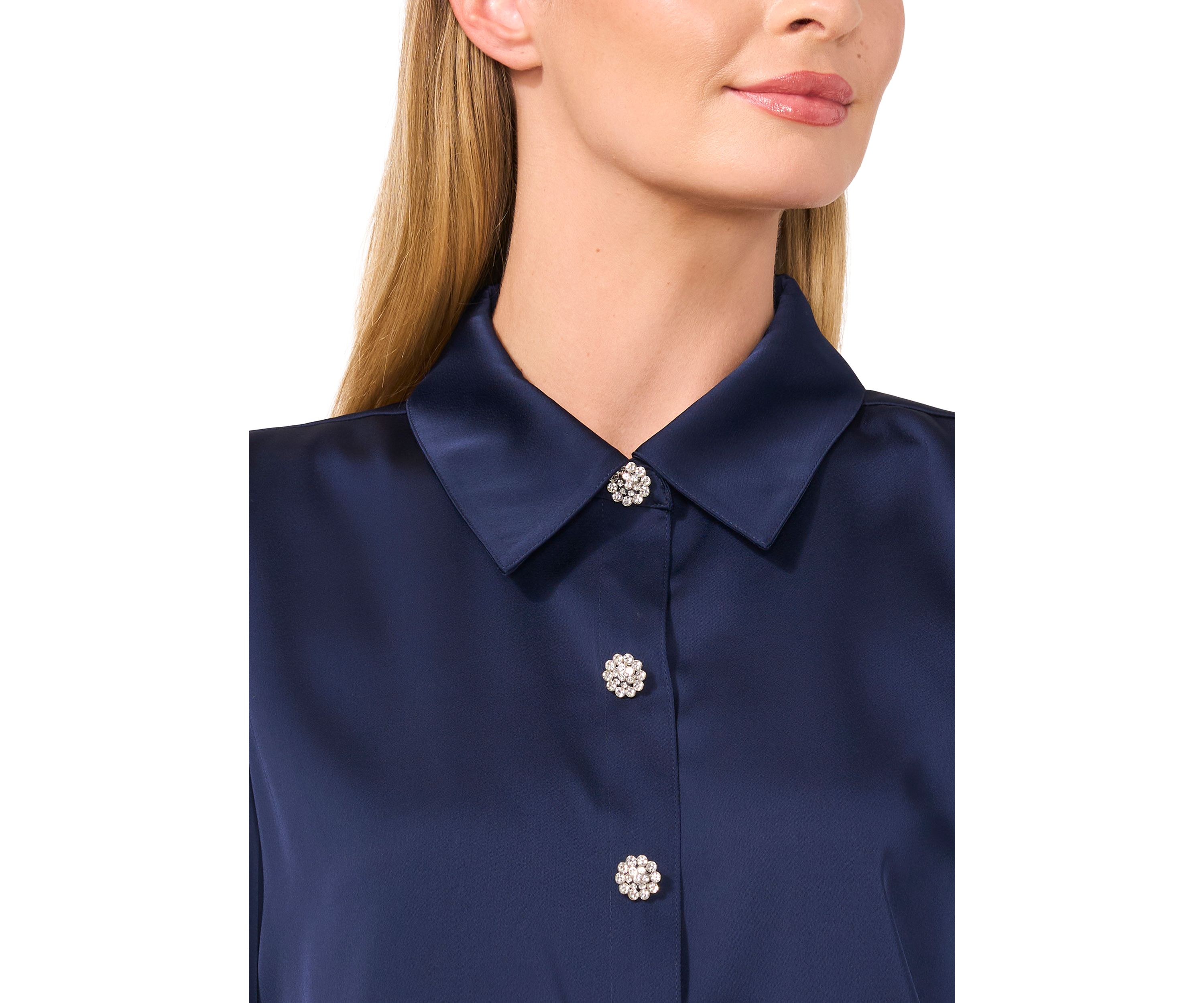 Womens Long Sleeve Bling Button Blouse 