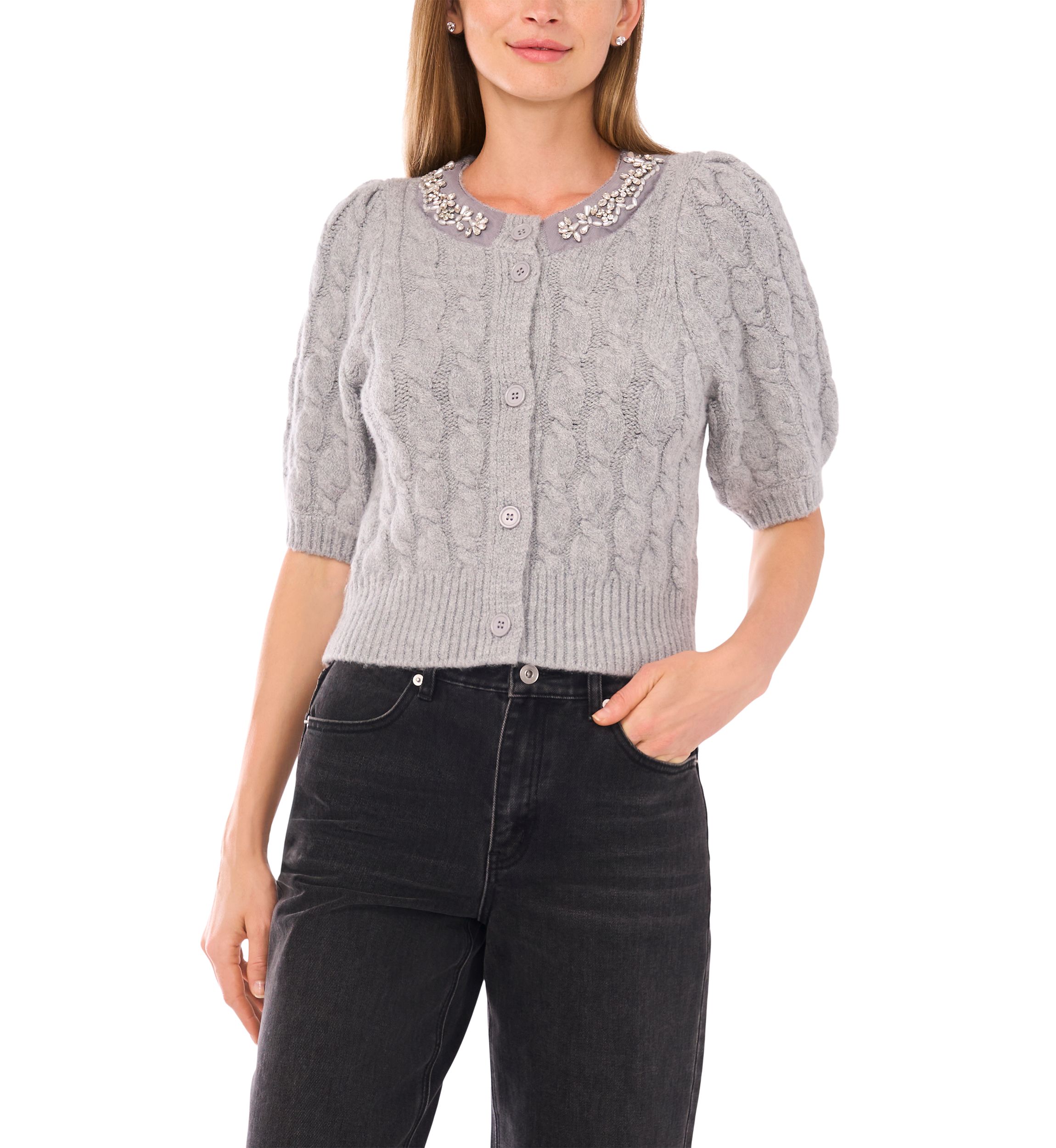 Womens Elbow Sleeve Bling Necklace Cable Cardigan