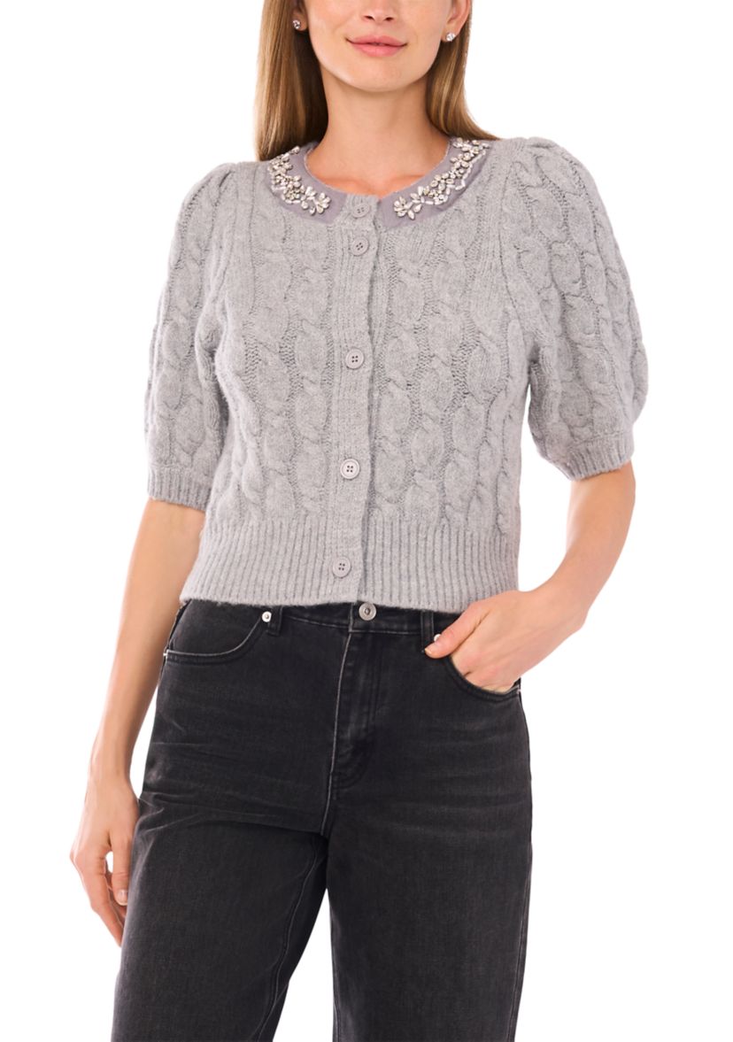Womens Elbow Sleeve Bling Necklace Cable Cardigan
