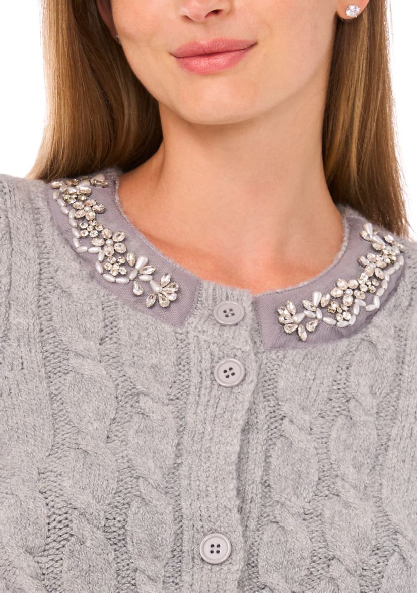 Womens Elbow Sleeve Bling Necklace Cable Cardigan