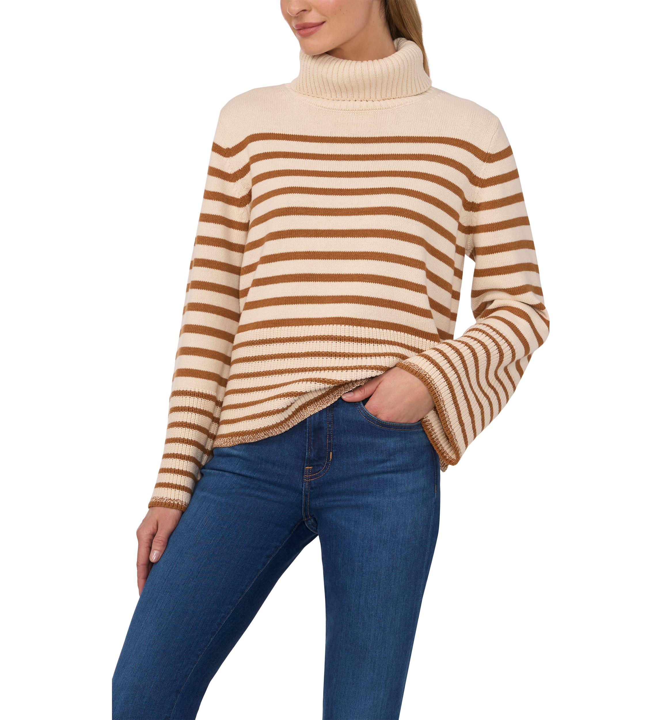 Womens Bell Sleeve Stripe Turtleneck Sweater