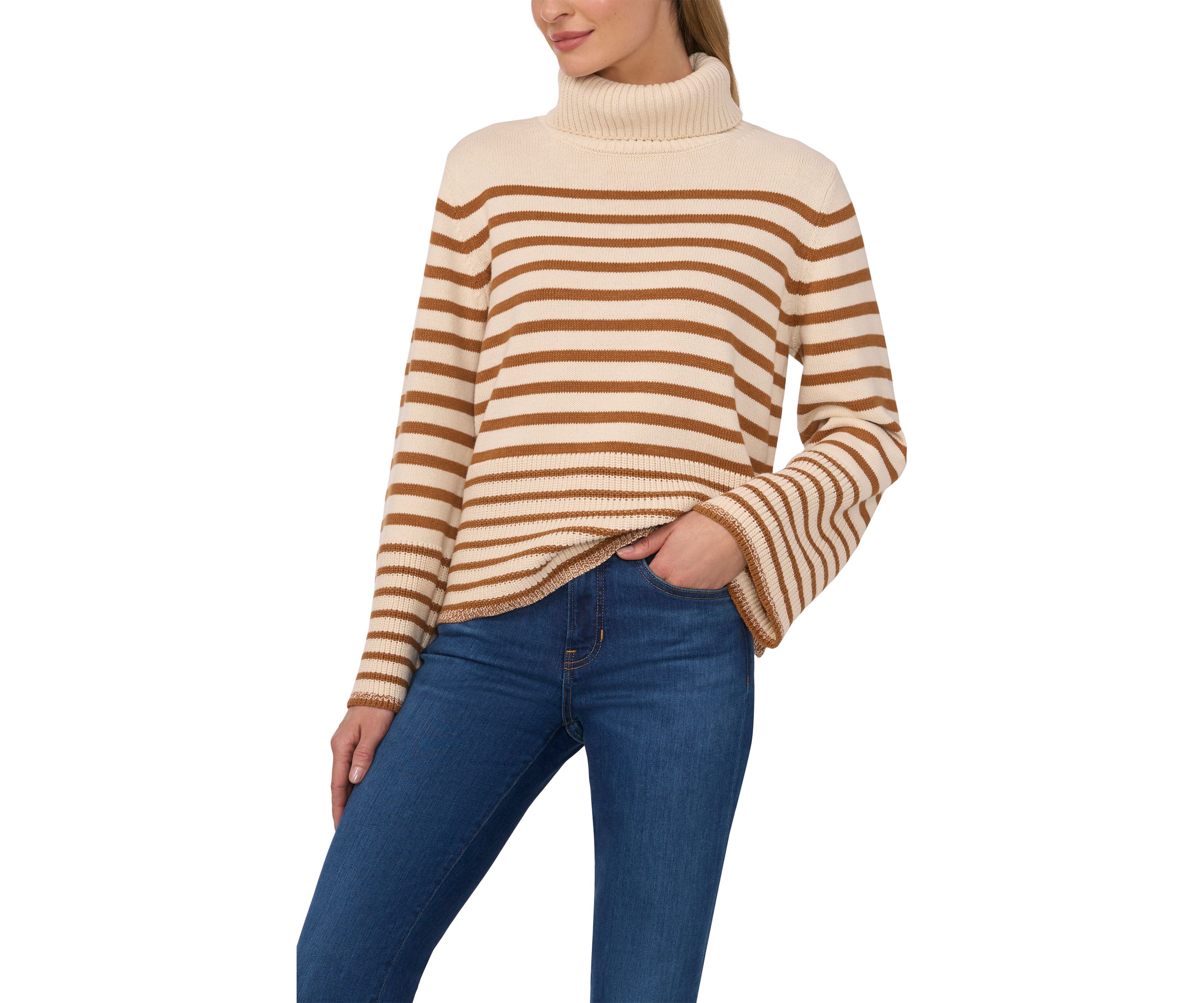 Womens Bell Sleeve Stripe Turtleneck Sweater