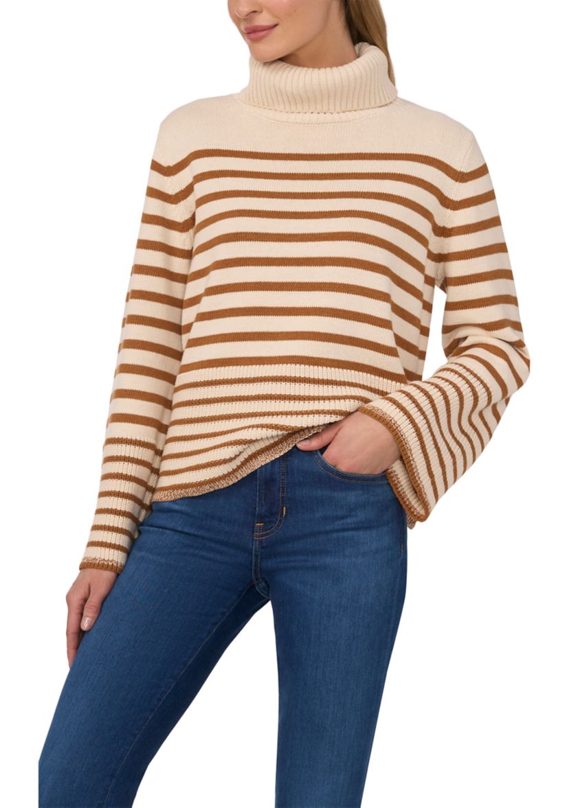 Womens Bell Sleeve Stripe Turtleneck Sweater