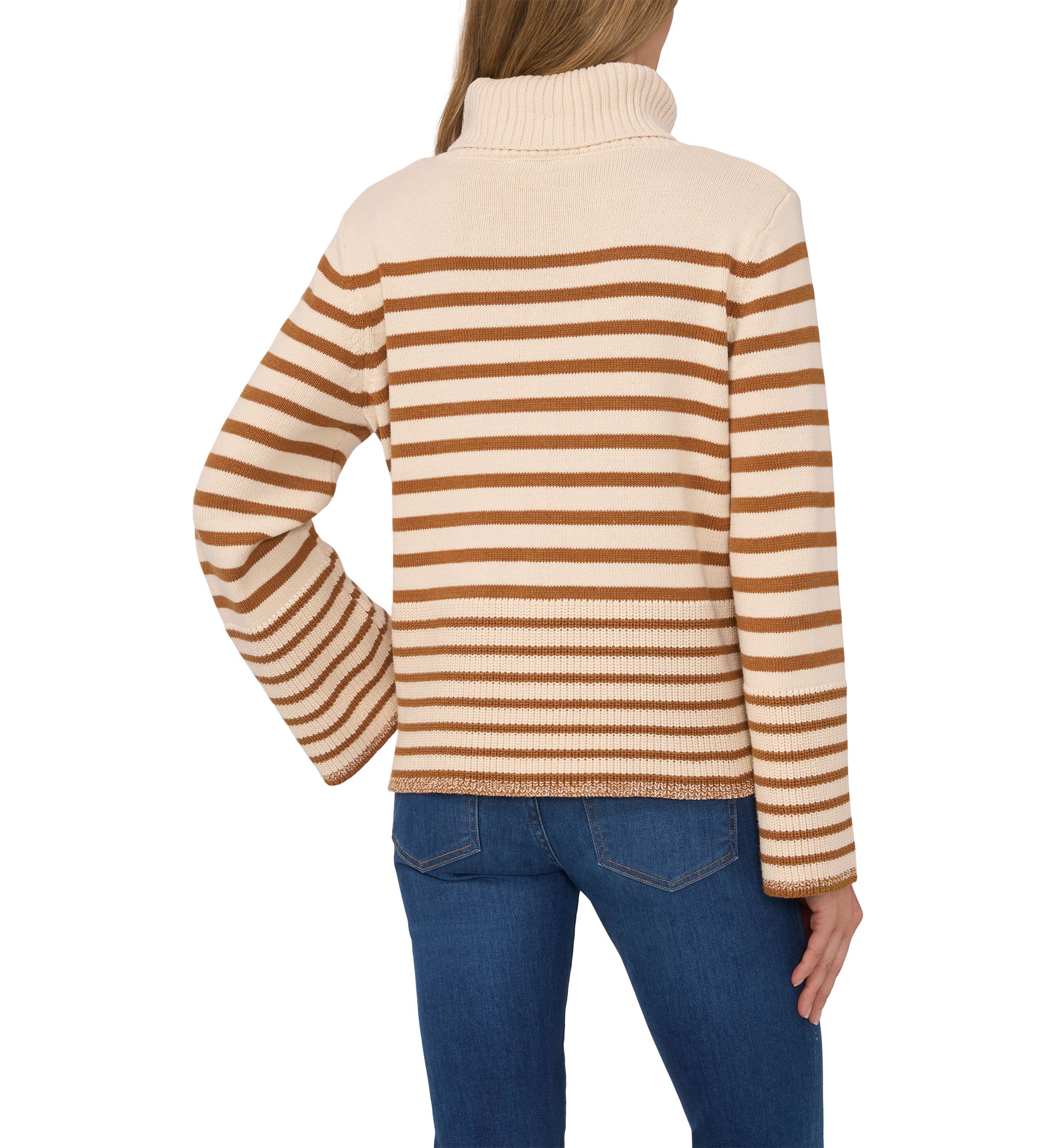 Womens Bell Sleeve Stripe Turtleneck Sweater