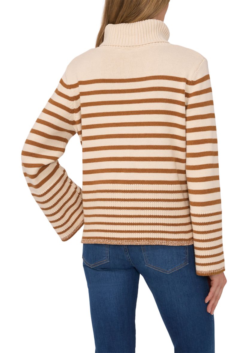 Womens Bell Sleeve Stripe Turtleneck Sweater