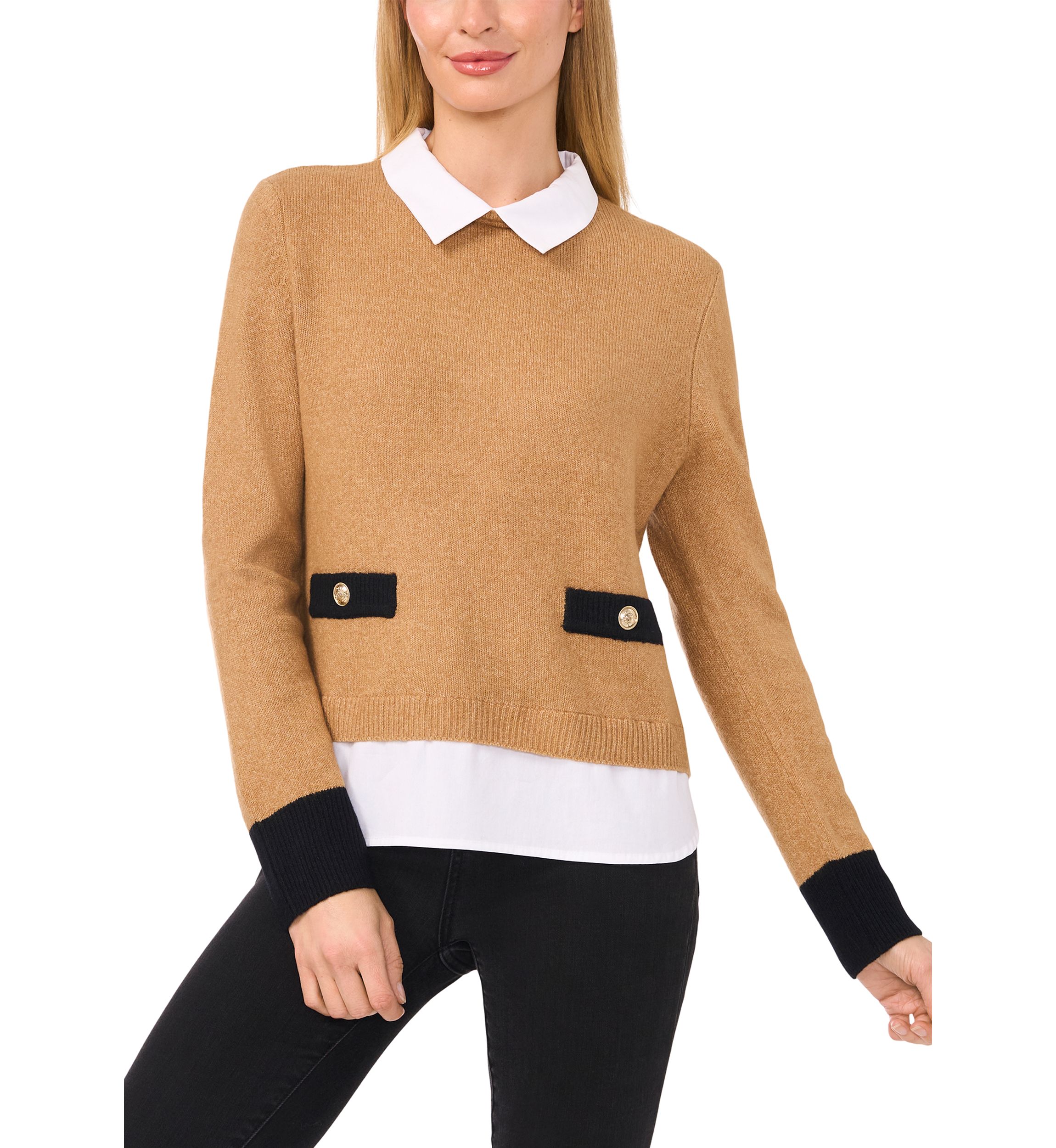 Womens Long Sleeve Tipped 2fer Sweater