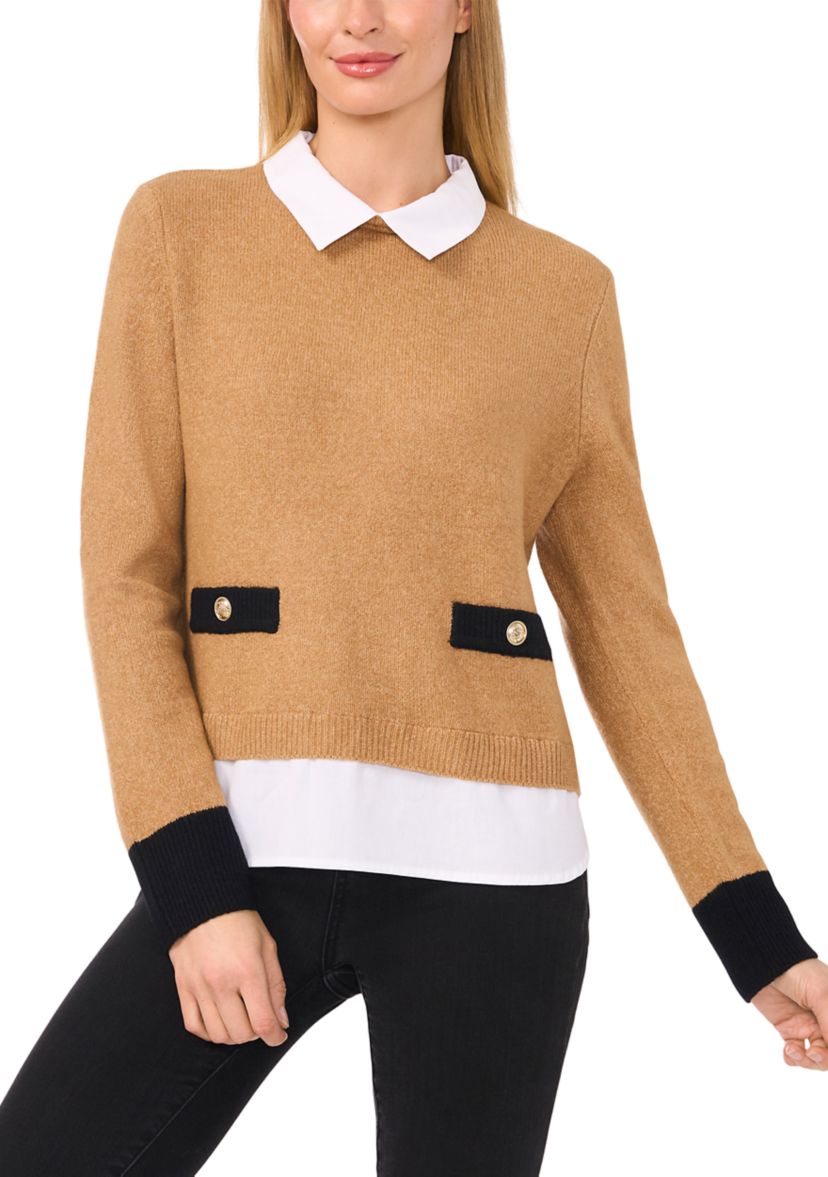 Womens Long Sleeve Tipped 2fer Sweater