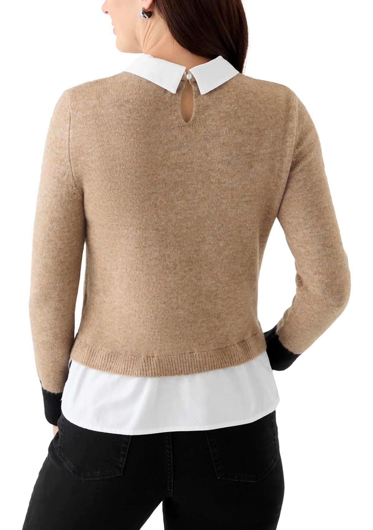 Womens Long Sleeve Tipped 2fer Sweater