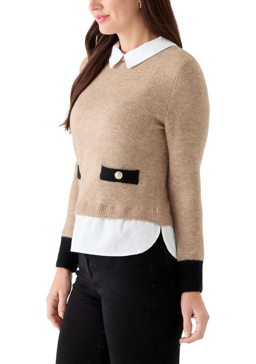 Womens Long Sleeve Tipped 2fer Sweater