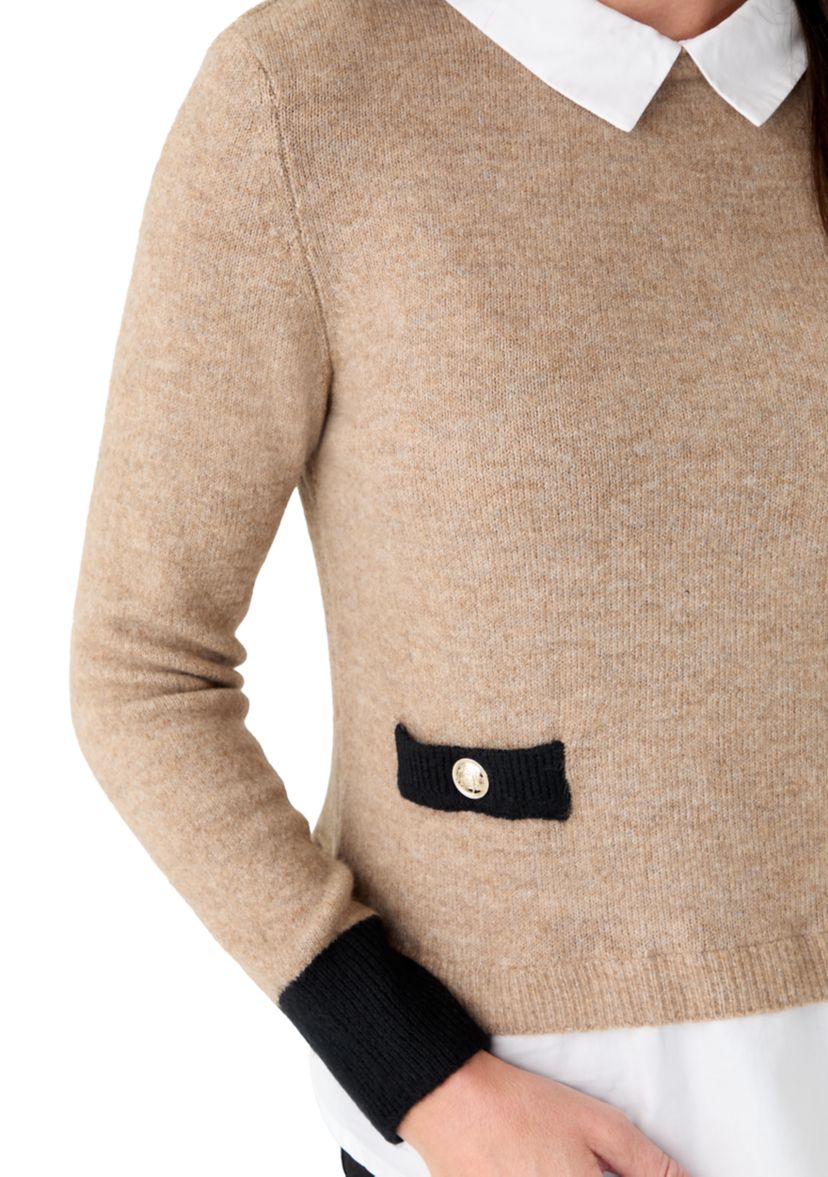 Womens Long Sleeve Tipped 2fer Sweater