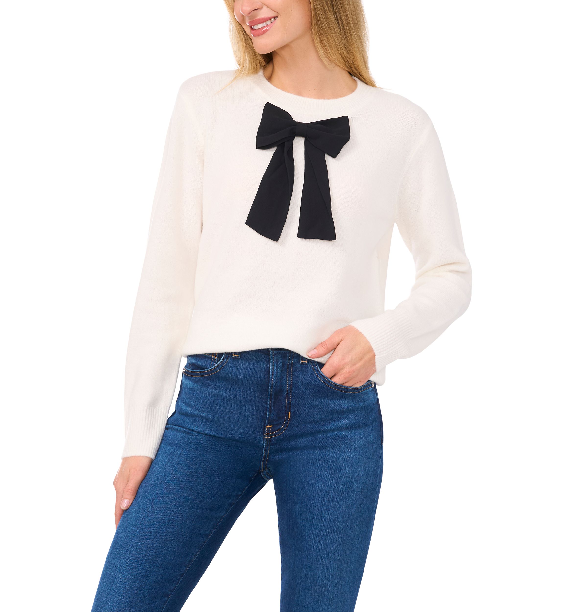 Womens Bow Appliqué Crew Neck Sweater