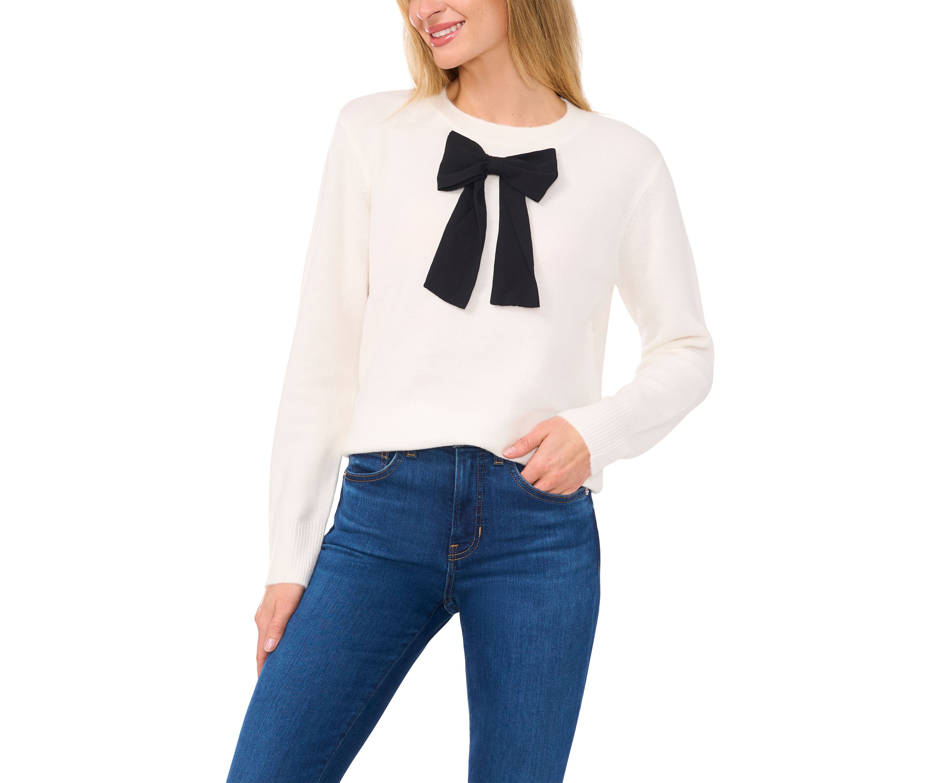 Womens Bow Appliqué Crew Neck Sweater