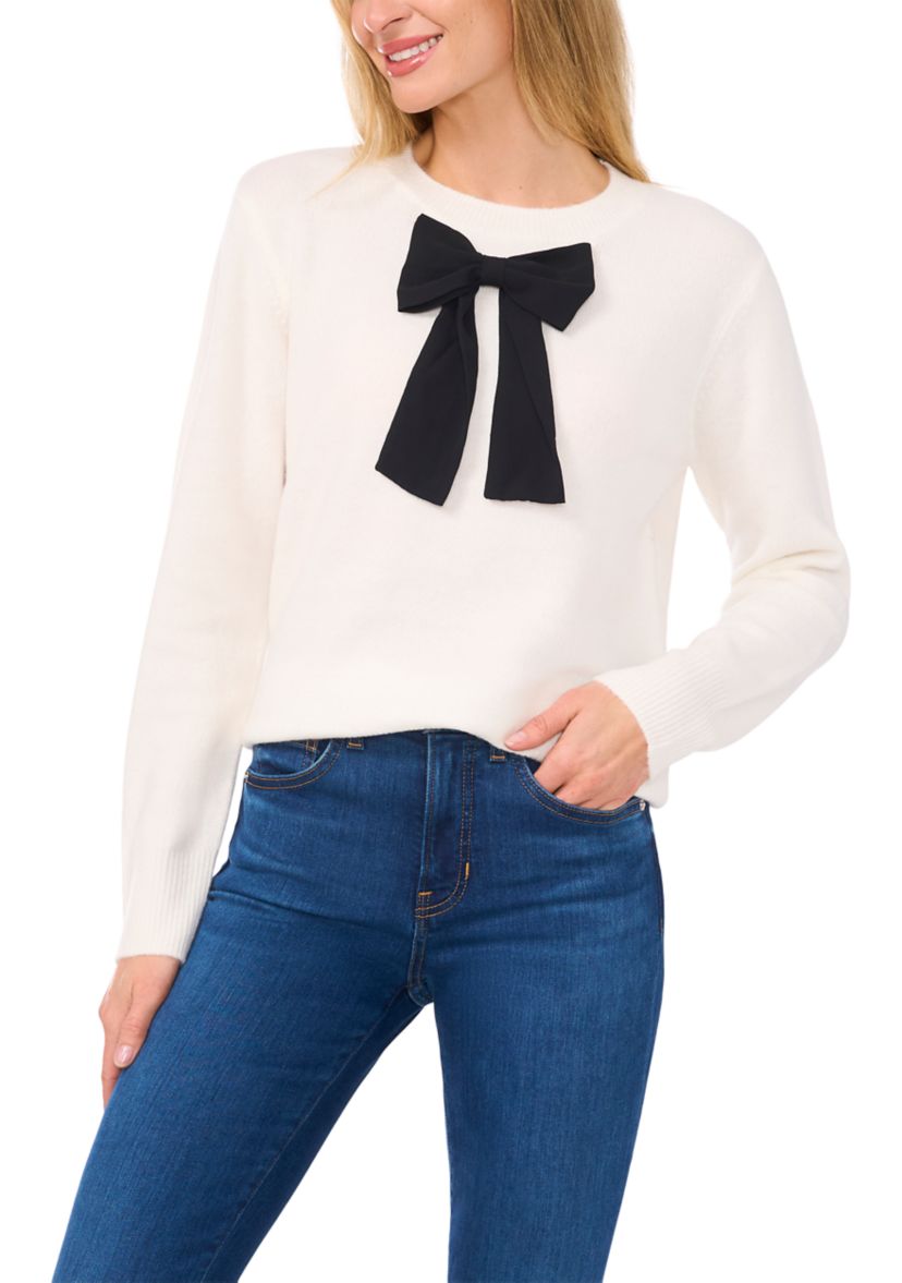 Womens Bow Appliqué Crew Neck Sweater