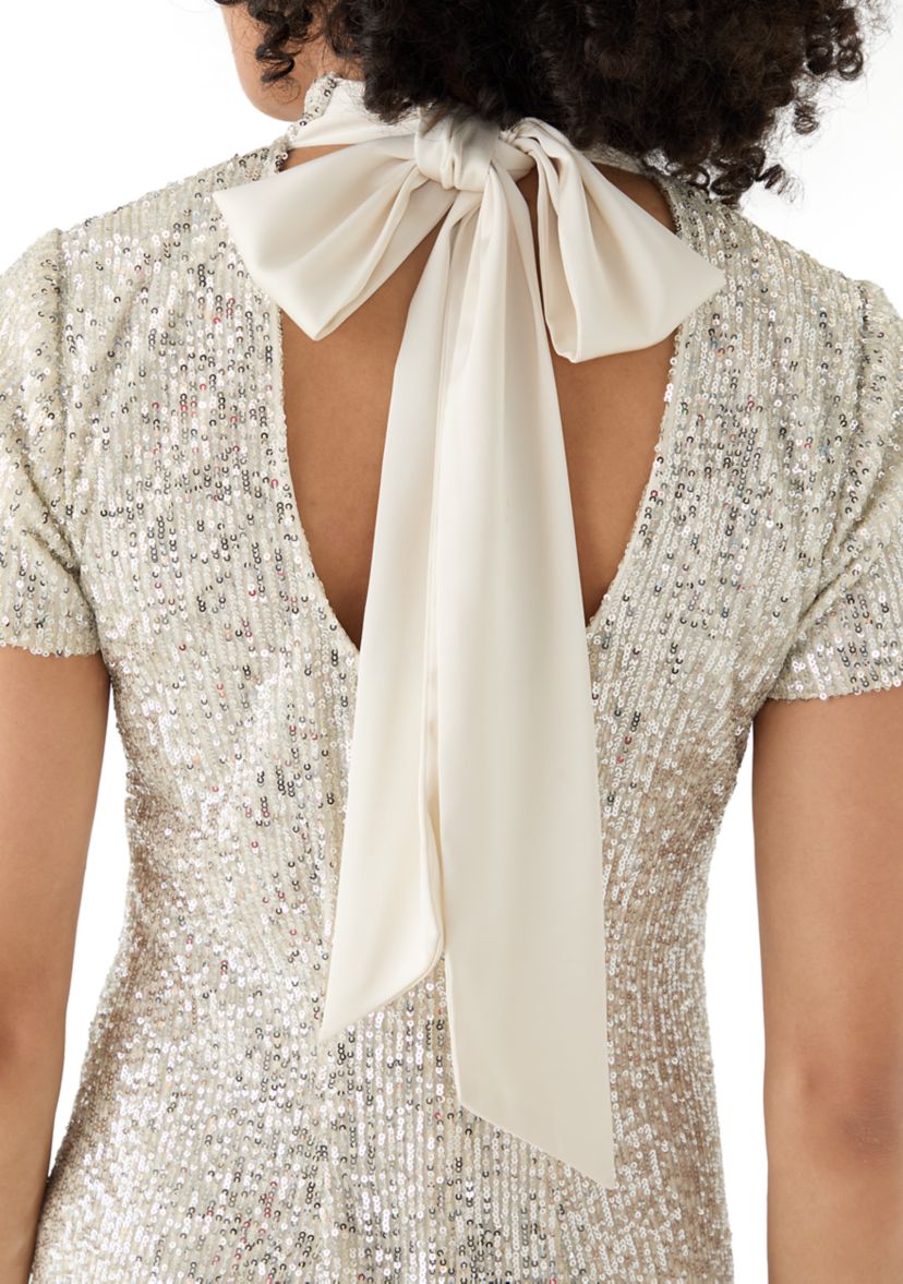 Womens Bow Back Sequin A-Line Dress