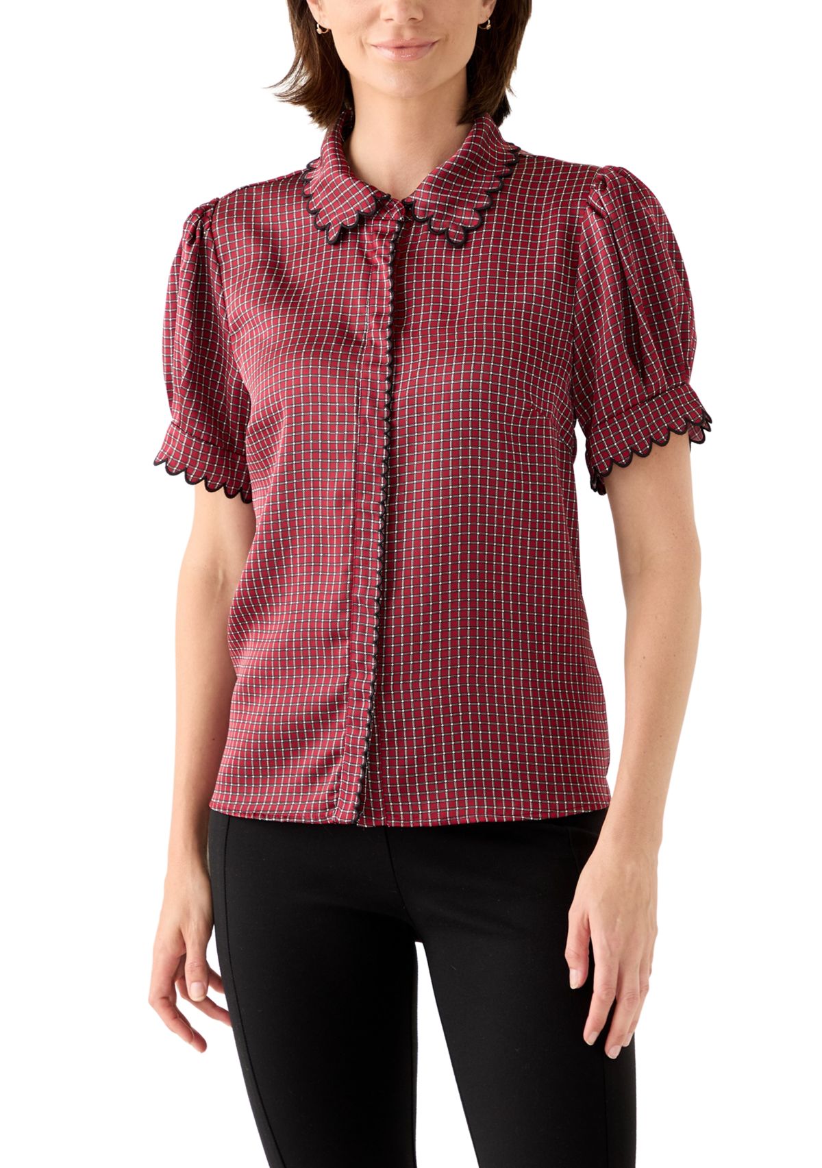 Womens Short Sleeve Geo Button Front Blouse