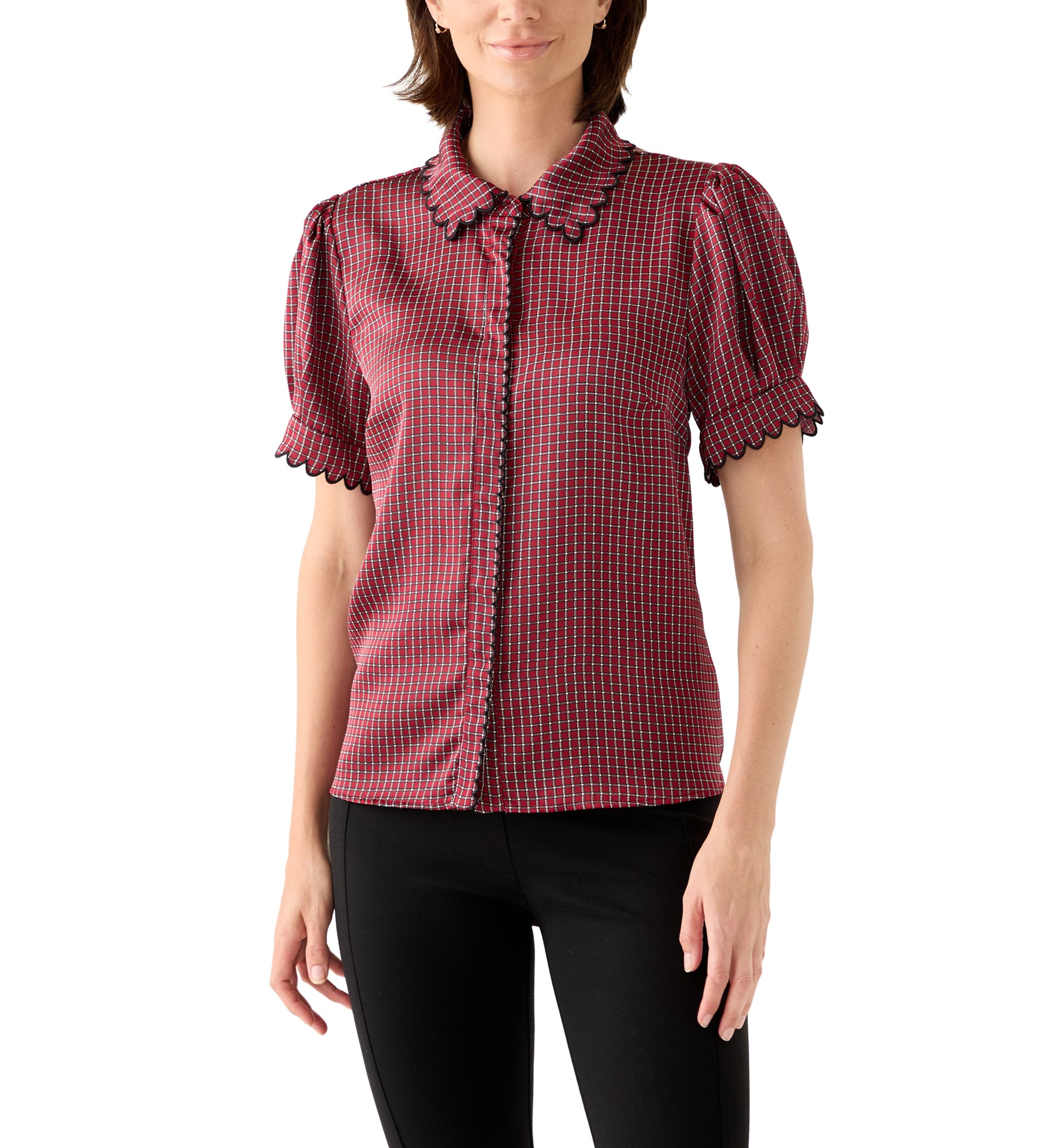Womens Short Sleeve Geo Button Front Blouse