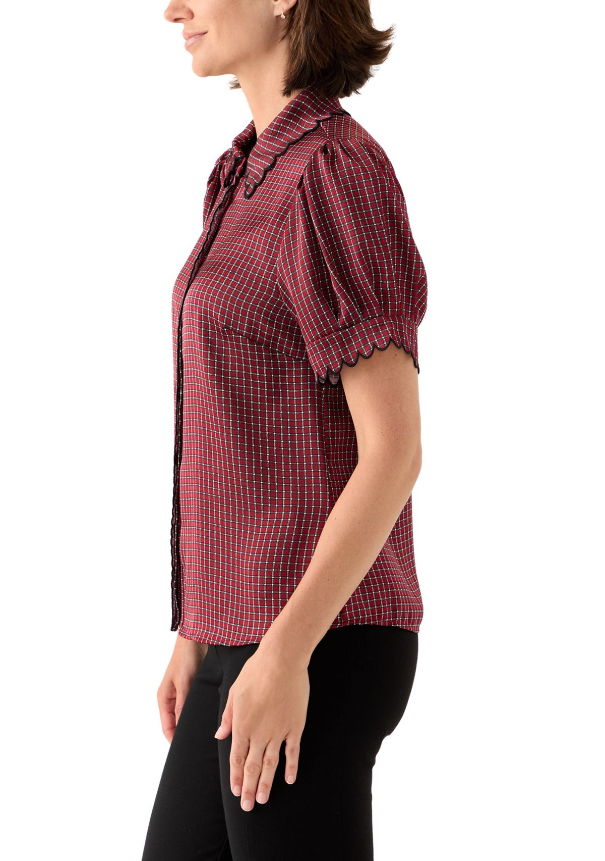 Womens Short Sleeve Geo Button Front Blouse