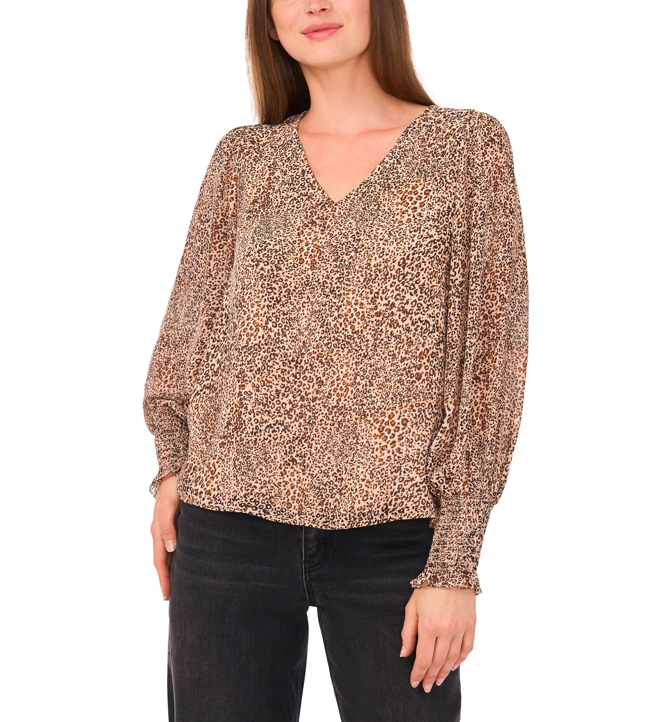 Womens V-Neck Blouson Sleeve Smock Cuff Animal Print Blouse