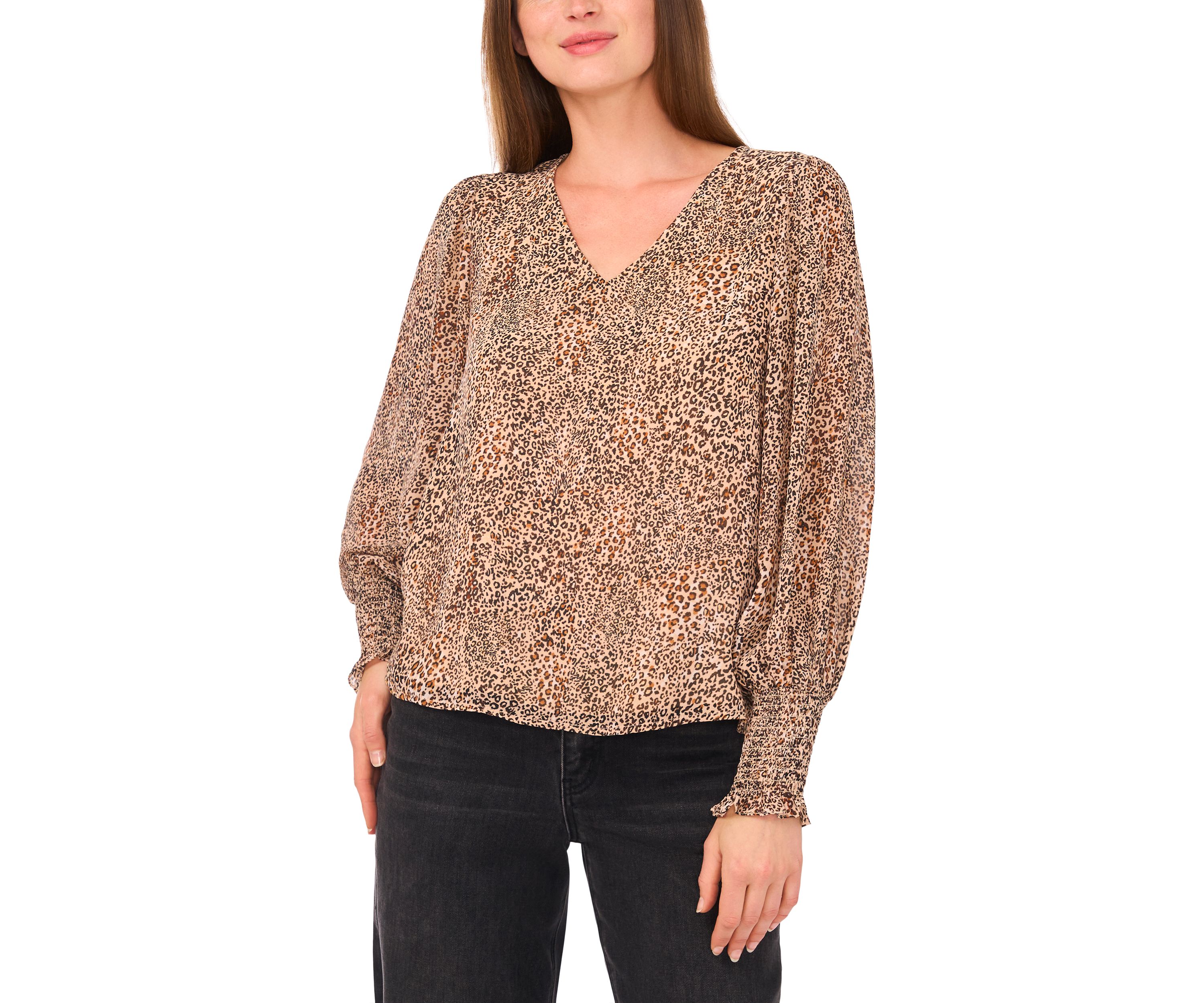 Womens V-Neck Blouson Sleeve Smock Cuff Animal Print Blouse