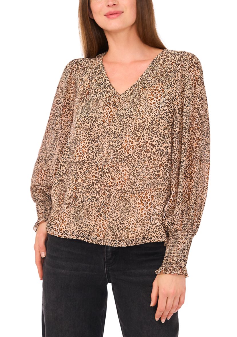 Womens V-Neck Blouson Sleeve Smock Cuff Animal Print Blouse