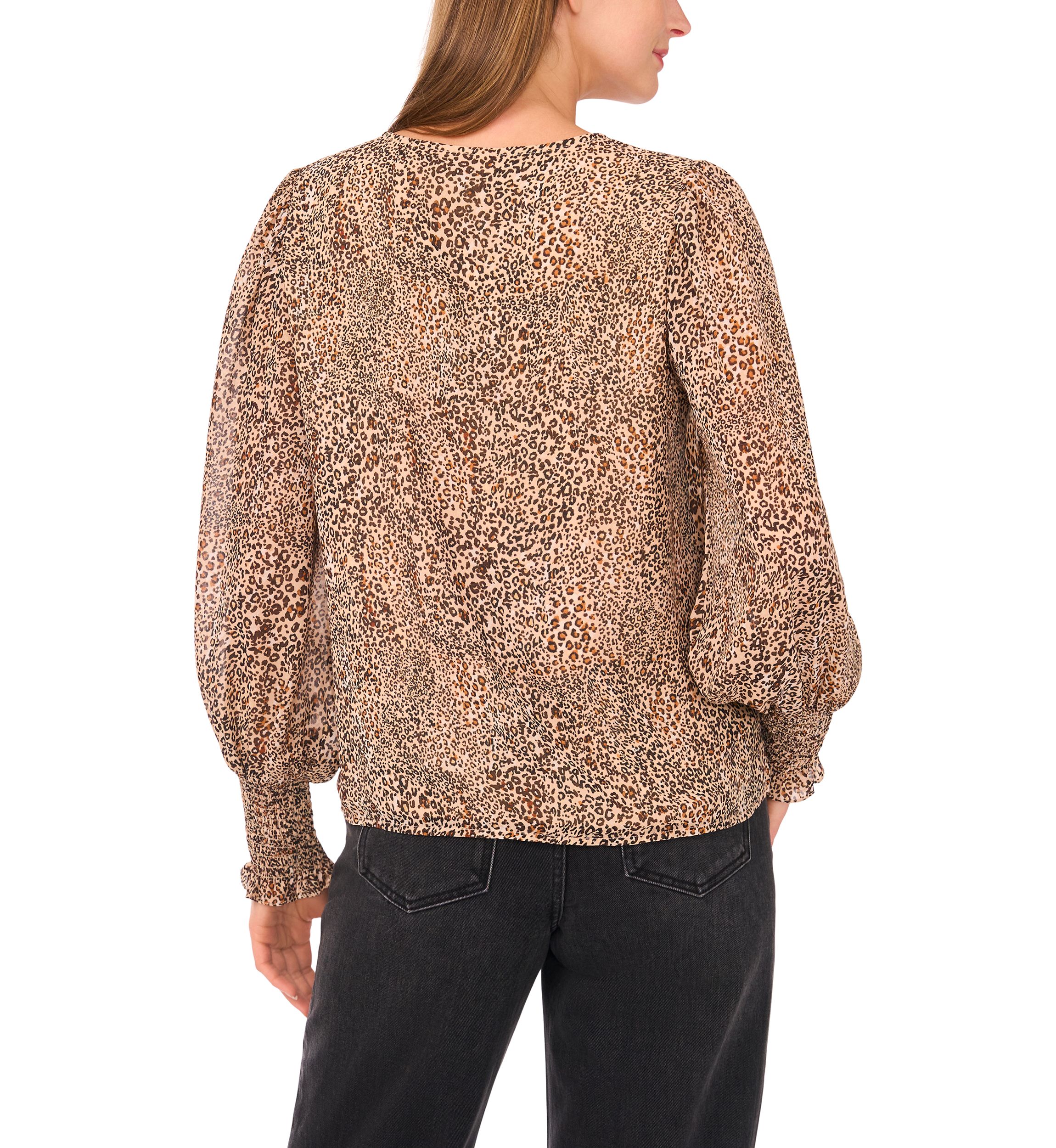 Womens V-Neck Blouson Sleeve Smock Cuff Animal Print Blouse