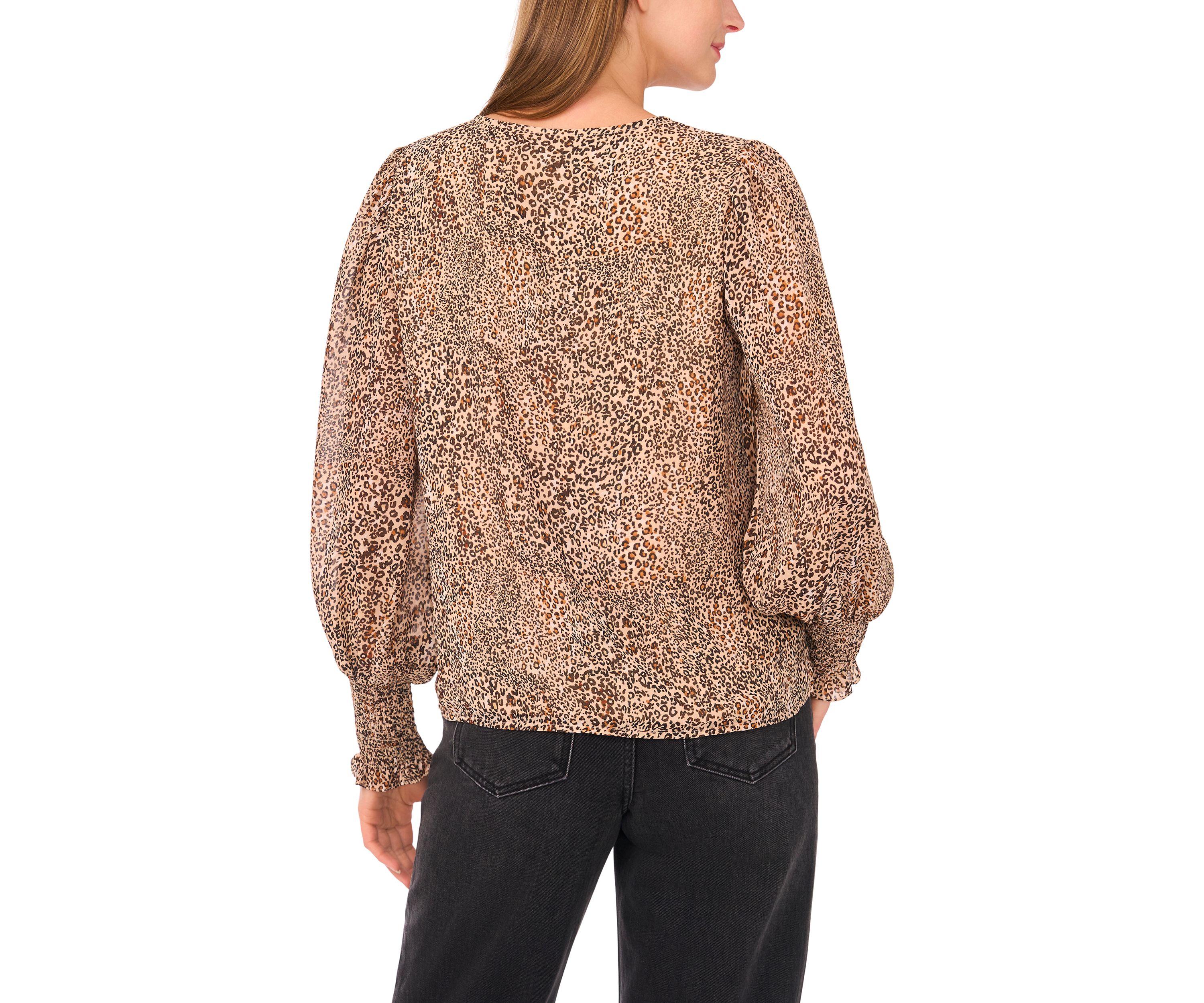 Womens V-Neck Blouson Sleeve Smock Cuff Animal Print Blouse
