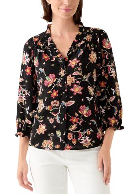 CeCe Women's 3/4 Sleeve Printed Split Neck Blouse with Button Front, Black, XS