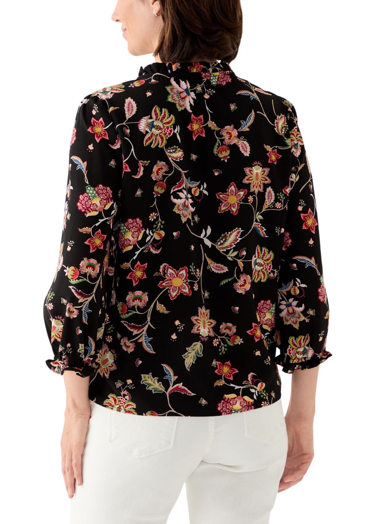 Womens 3/4 Sleeve Printed Split Neck Blouse with Button Front