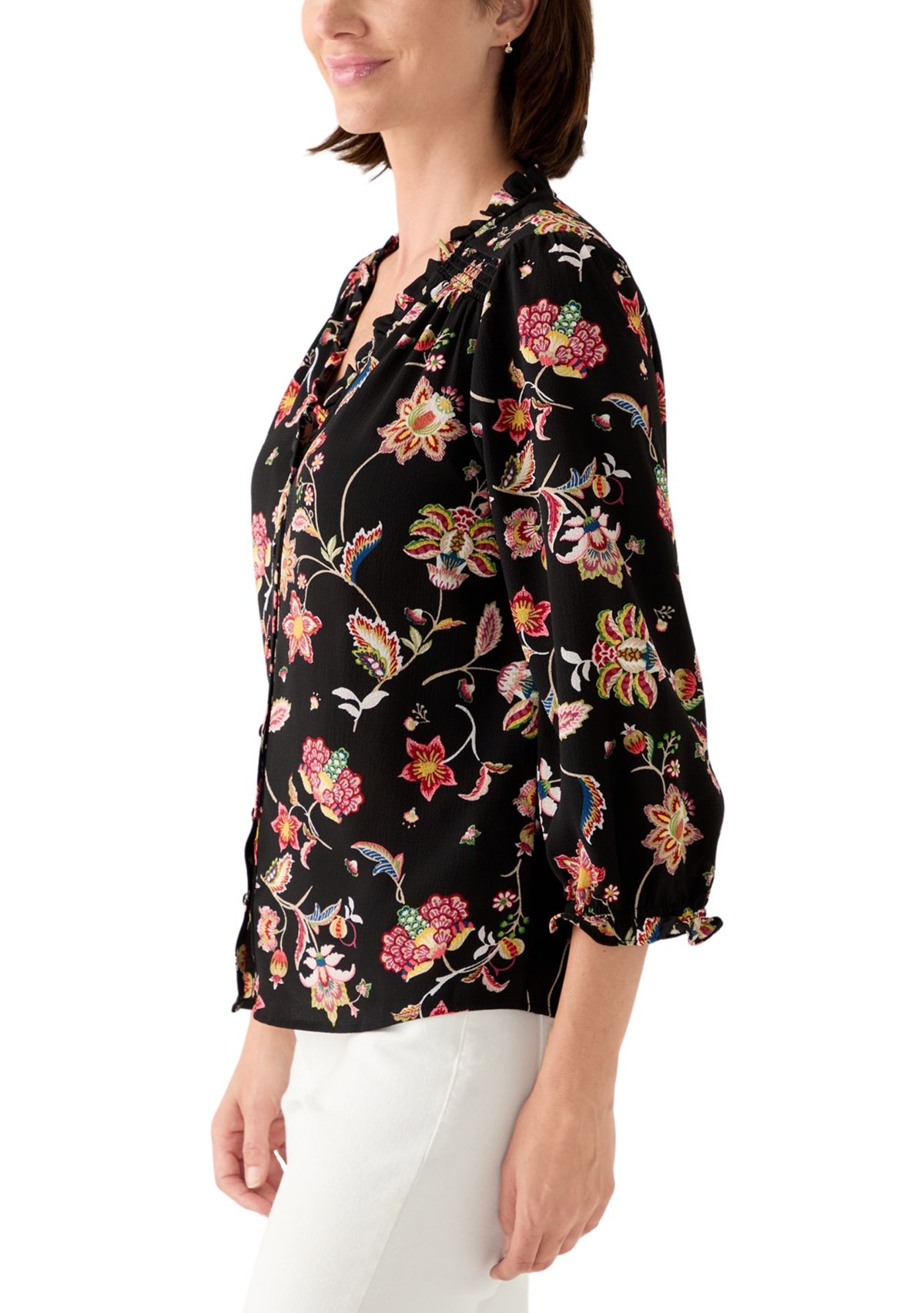Womens 3/4 Sleeve Printed Split Neck Blouse with Button Front