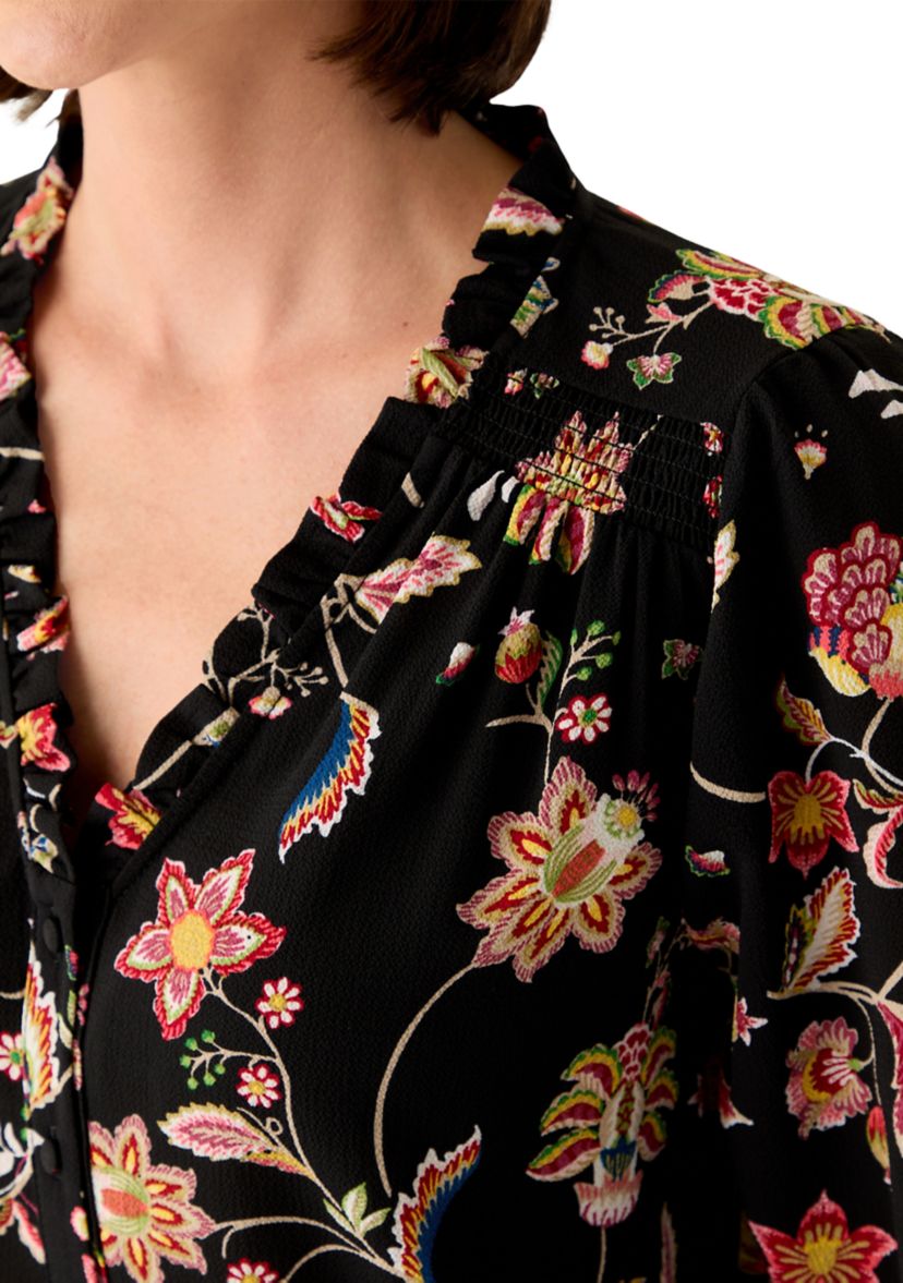 Womens 3/4 Sleeve Printed Split Neck Blouse with Button Front