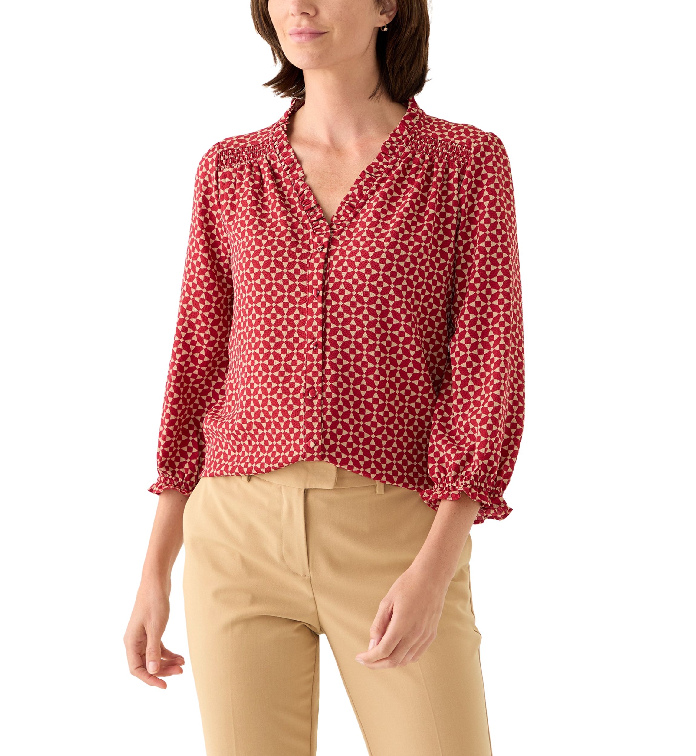 Womens 3/4 Sleeve Printed Split Neck Blouse with Button Front