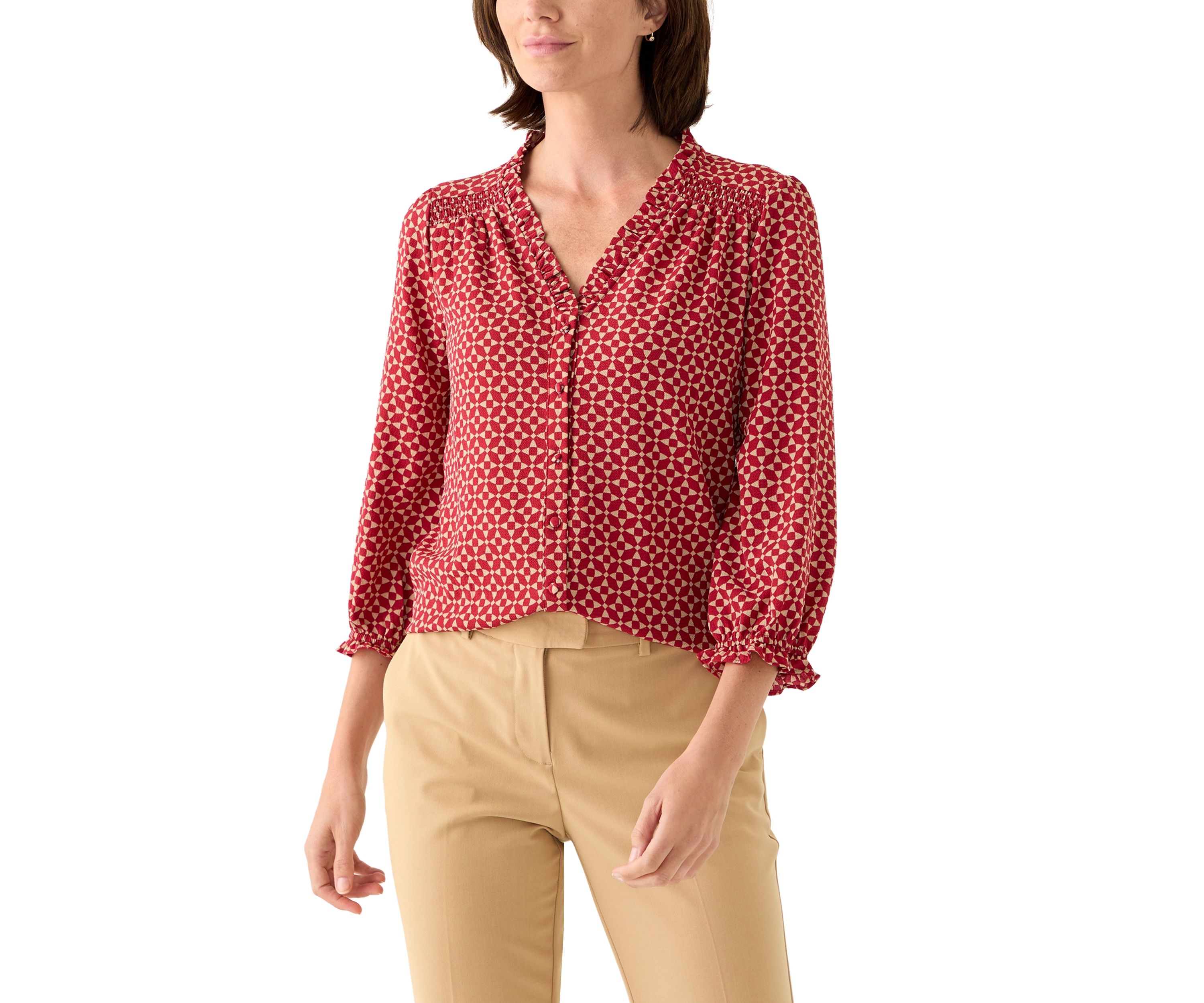 Womens 3/4 Sleeve Printed Split Neck Blouse with Button Front