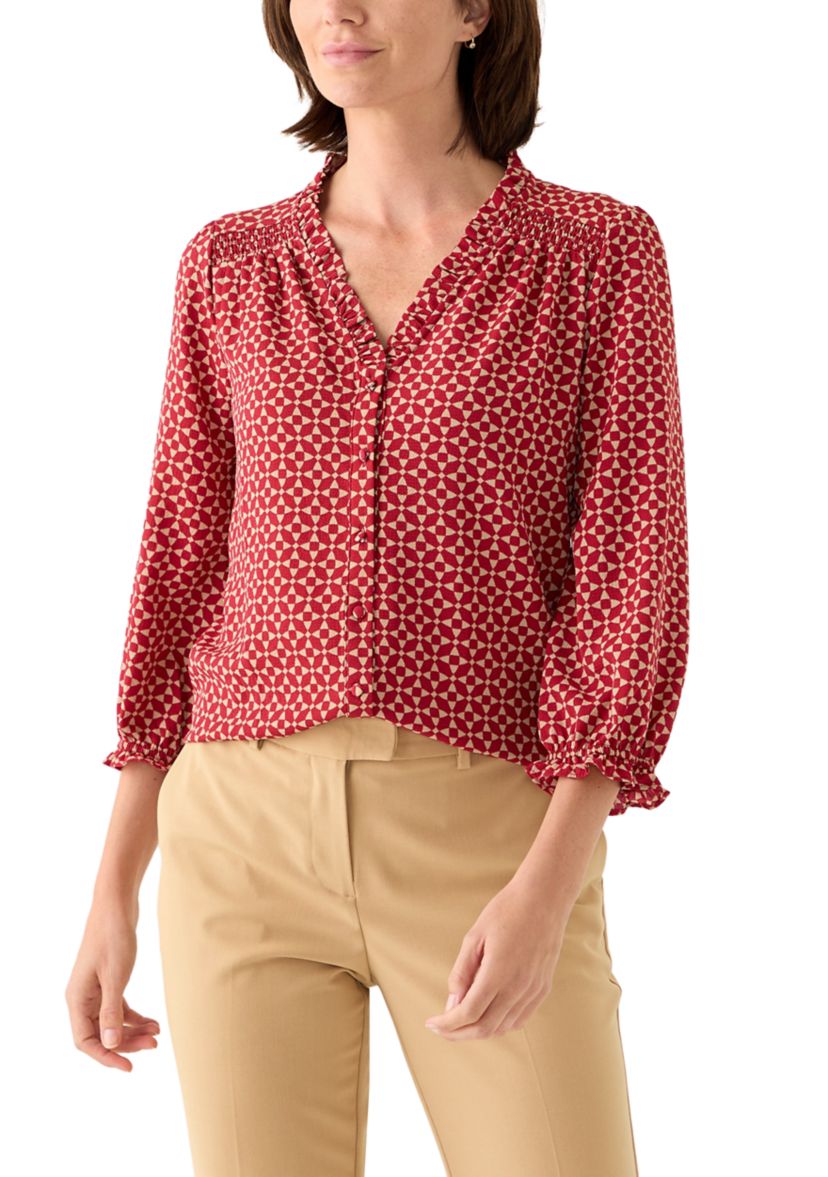 Womens 3/4 Sleeve Printed Split Neck Blouse with Button Front