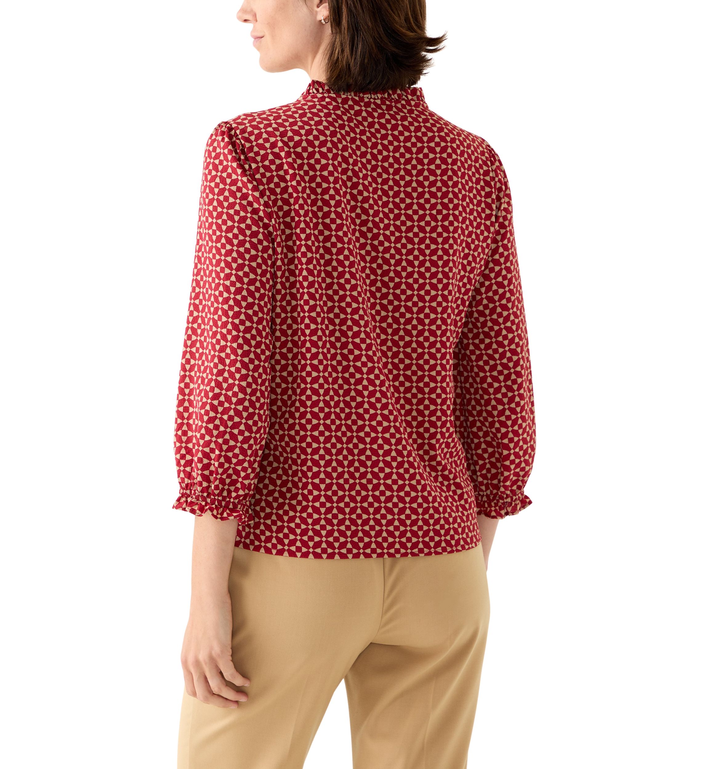 Womens 3/4 Sleeve Printed Split Neck Blouse with Button Front
