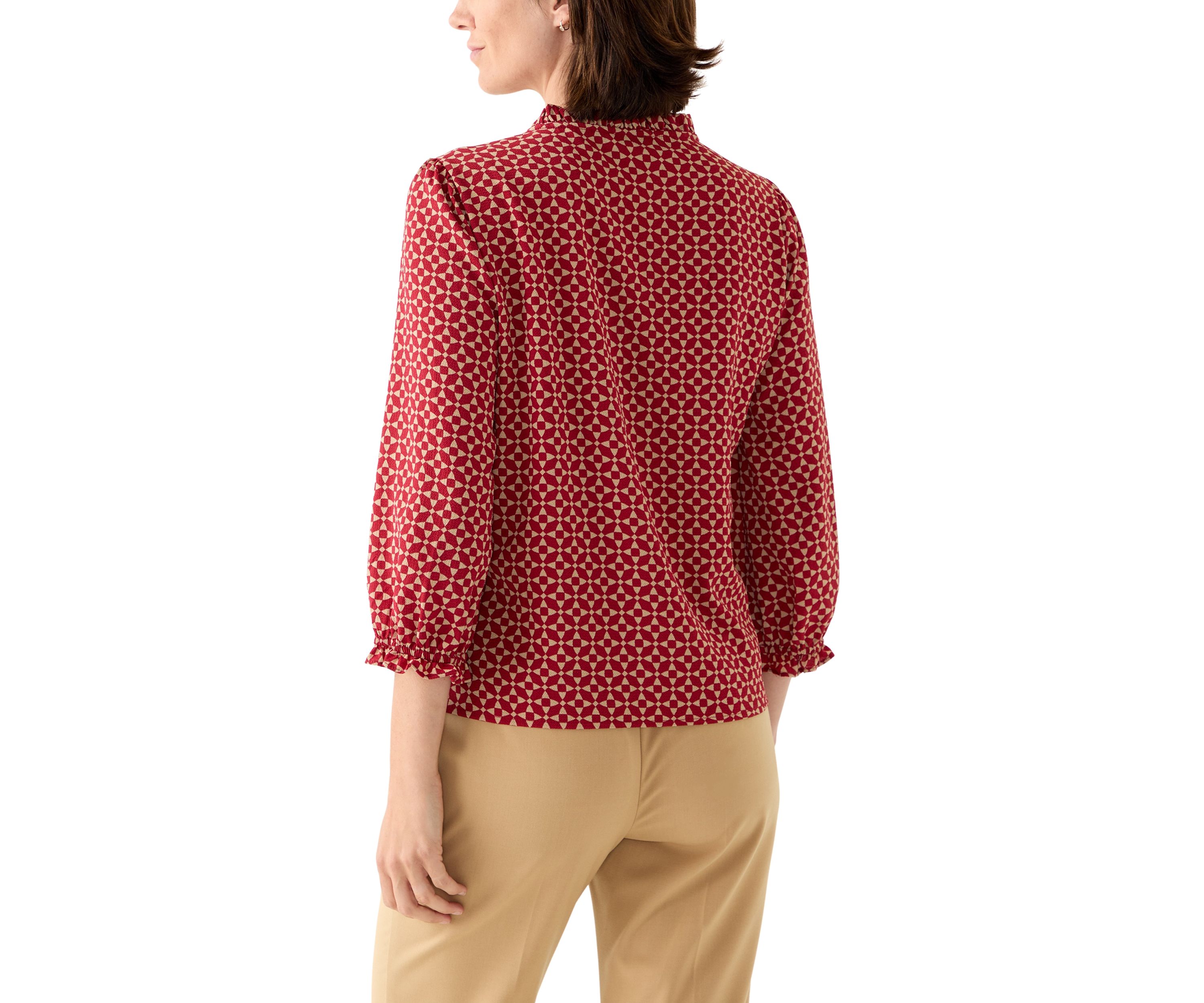 Womens 3/4 Sleeve Printed Split Neck Blouse with Button Front