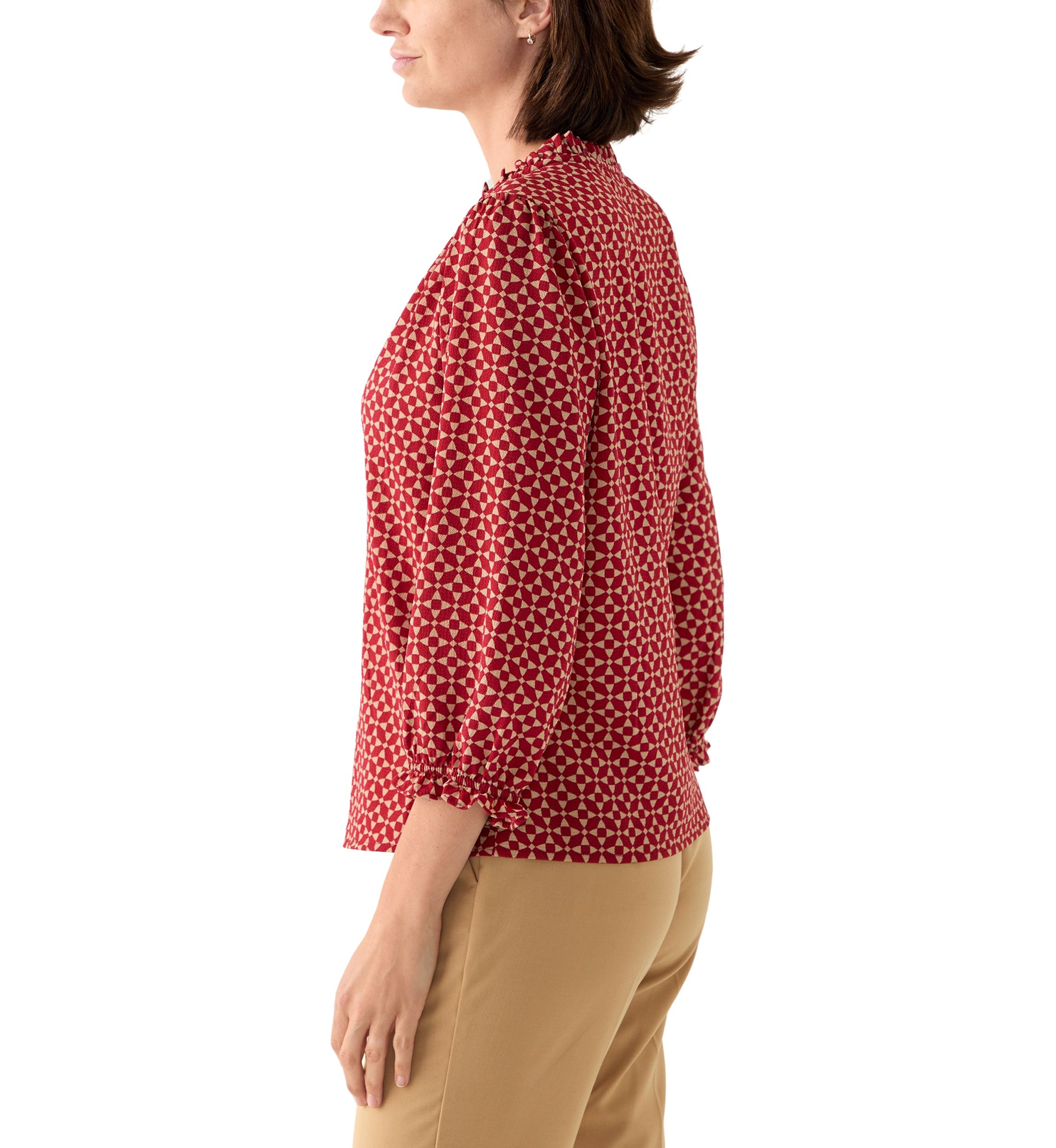 Womens 3/4 Sleeve Printed Split Neck Blouse with Button Front