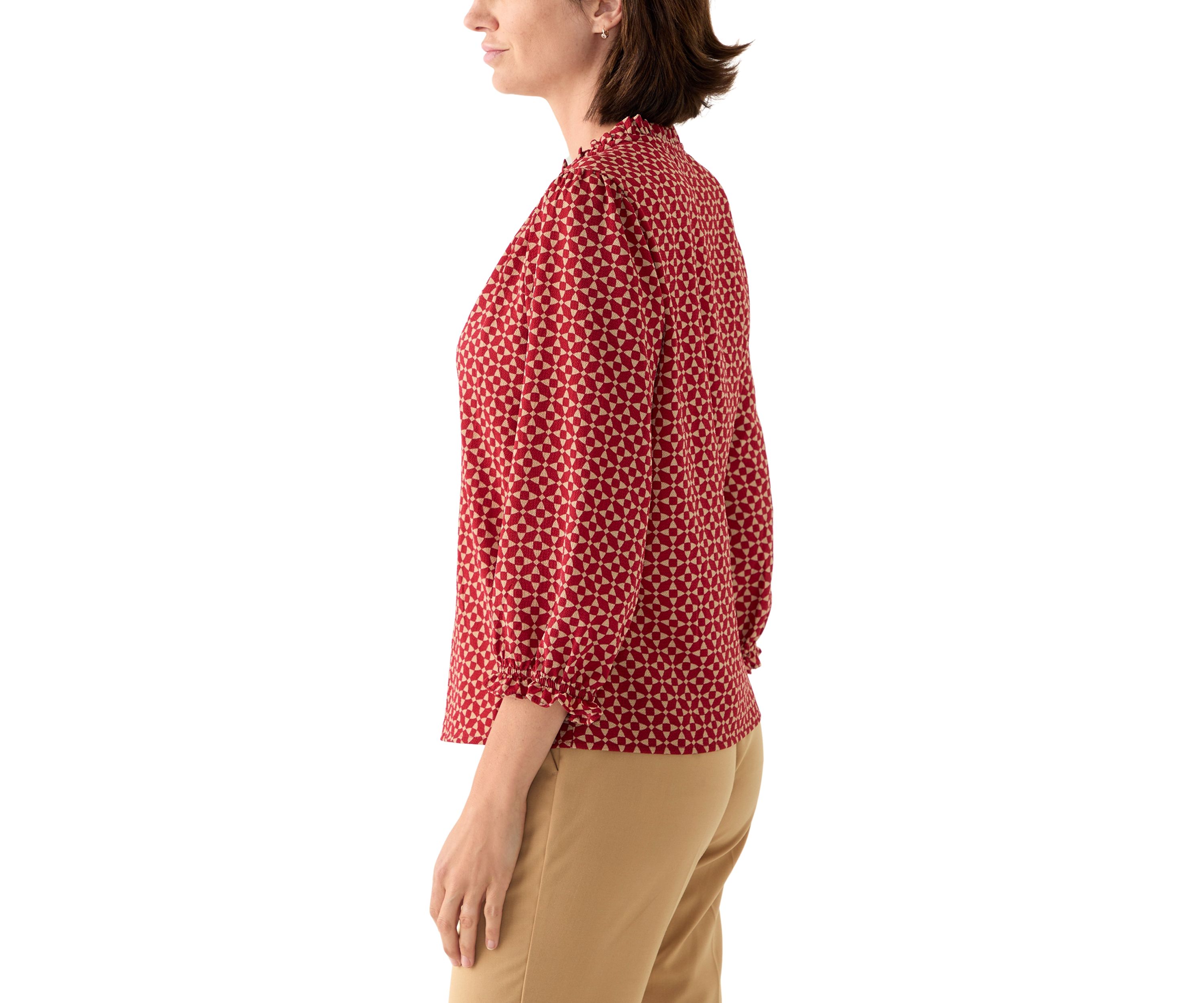Womens 3/4 Sleeve Printed Split Neck Blouse with Button Front