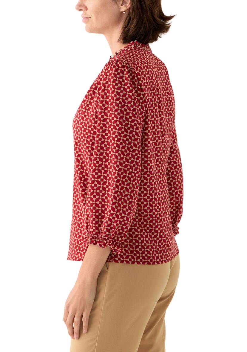 Womens 3/4 Sleeve Printed Split Neck Blouse with Button Front