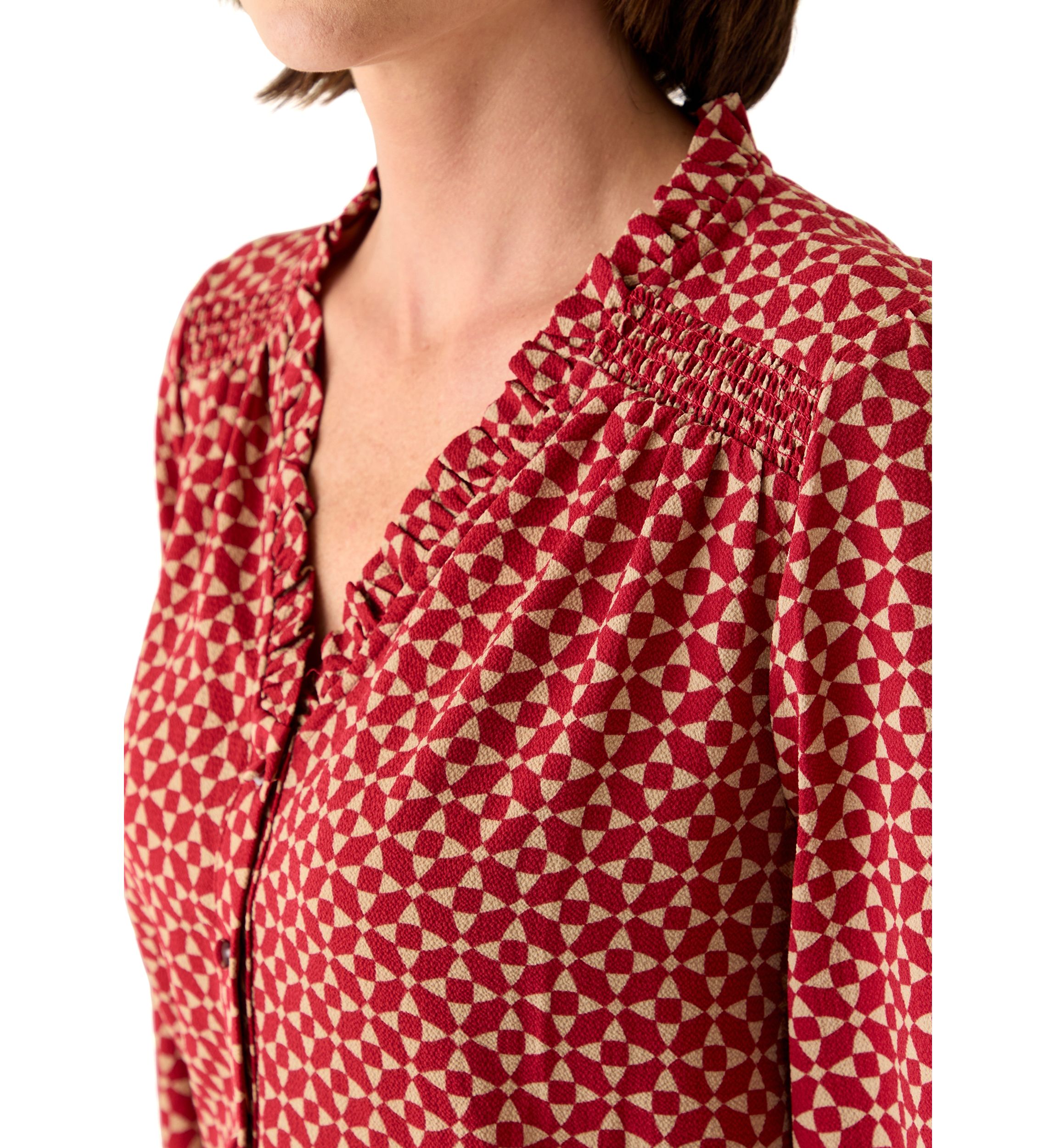 Womens 3/4 Sleeve Printed Split Neck Blouse with Button Front