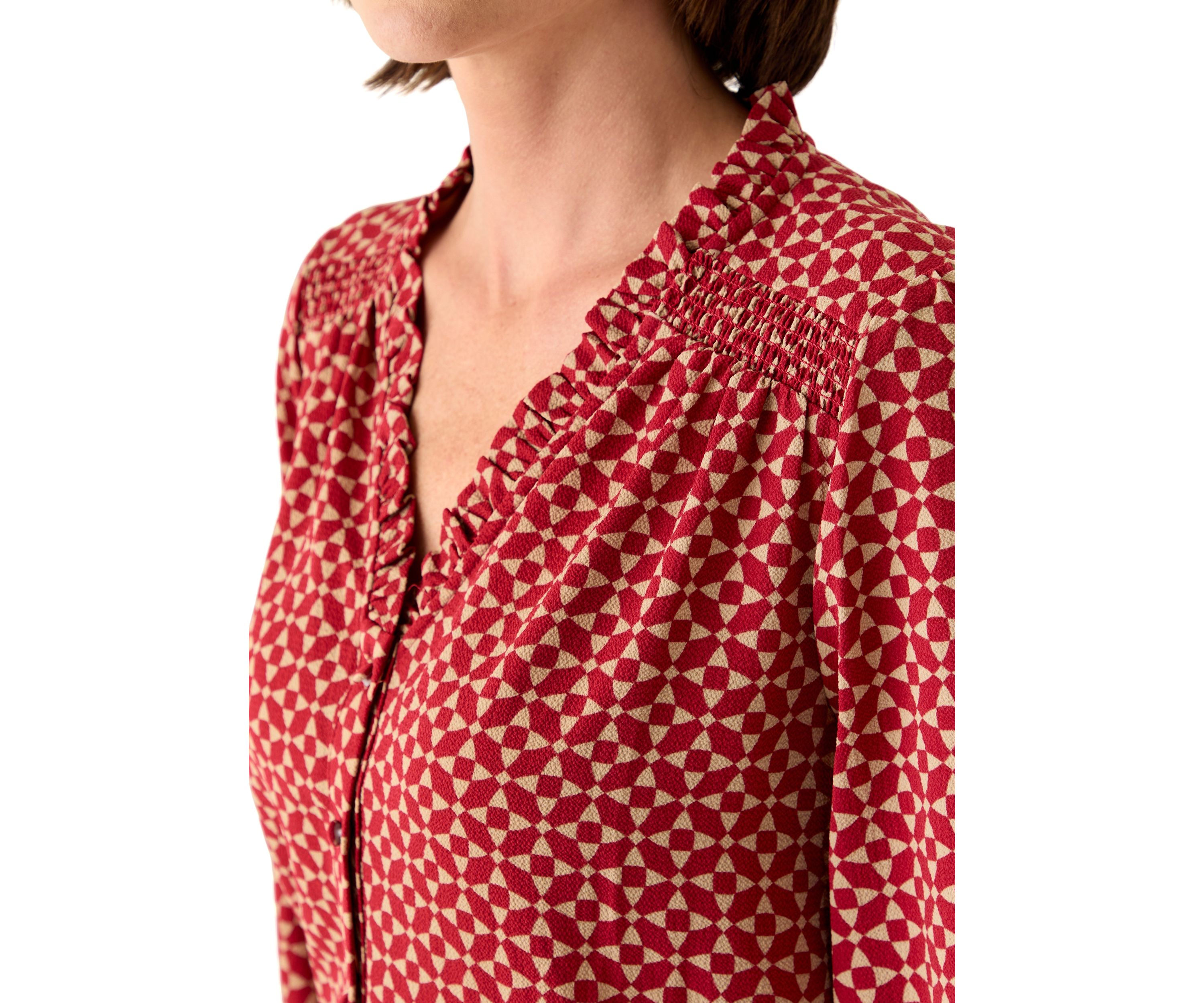 Womens 3/4 Sleeve Printed Split Neck Blouse with Button Front