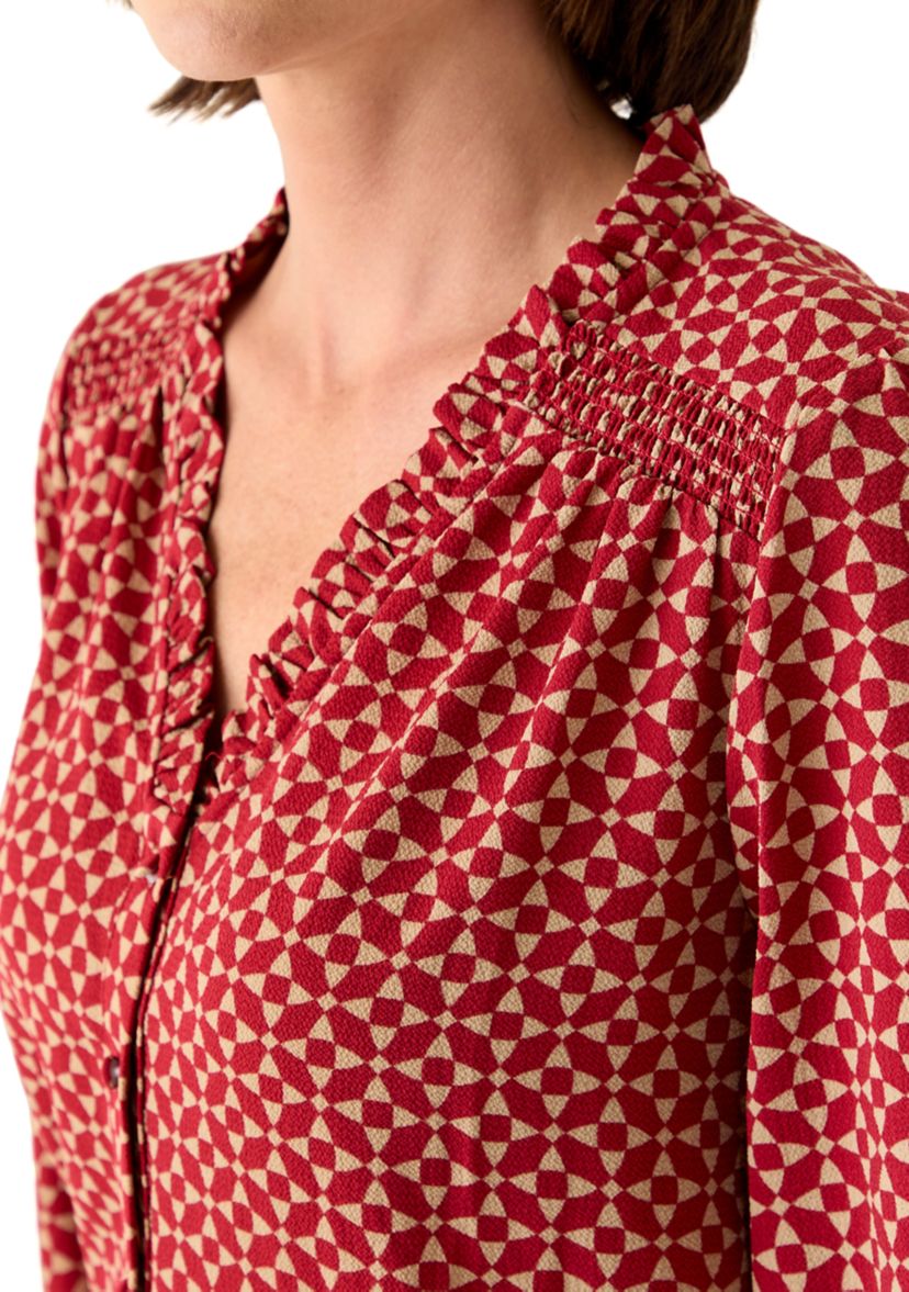 Womens 3/4 Sleeve Printed Split Neck Blouse with Button Front