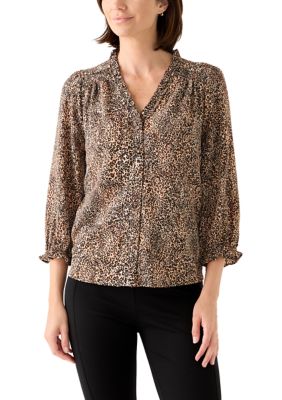 CeCe Women's 3/4 Sleeve Printed Split Neck Blouse with Button Front