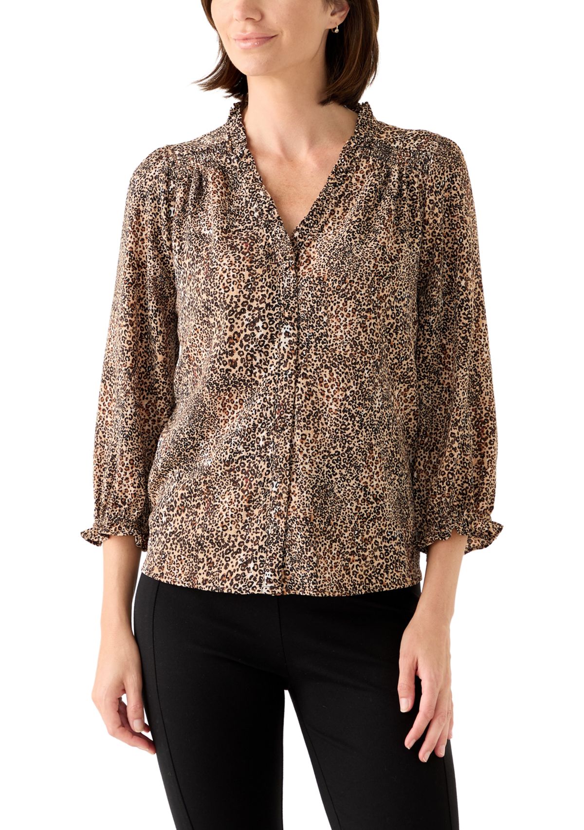 Womens 3/4 Sleeve Printed Split Neck Blouse with Button Front