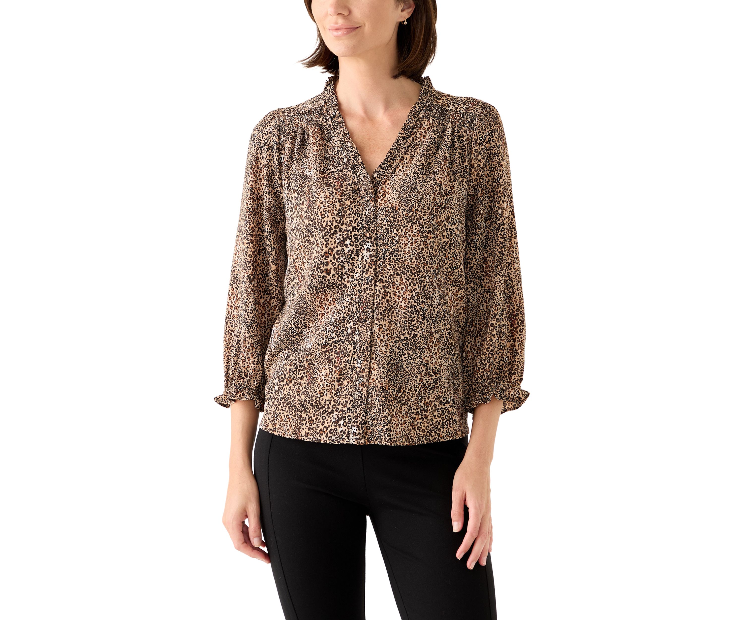Womens 3/4 Sleeve Printed Split Neck Blouse with Button Front