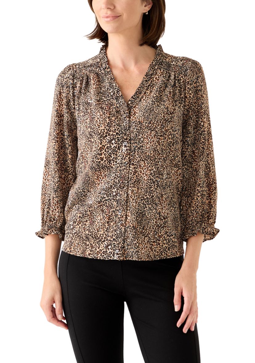 Womens 3/4 Sleeve Printed Split Neck Blouse with Button Front