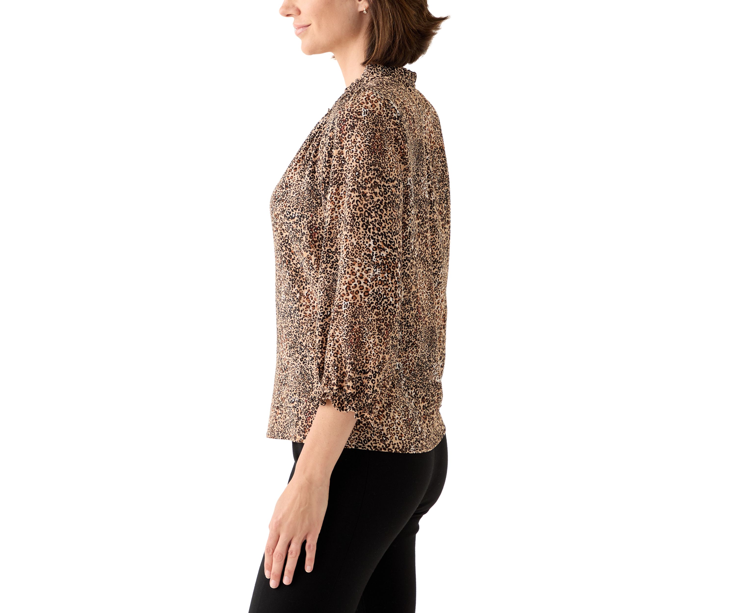 Womens 3/4 Sleeve Printed Split Neck Blouse with Button Front